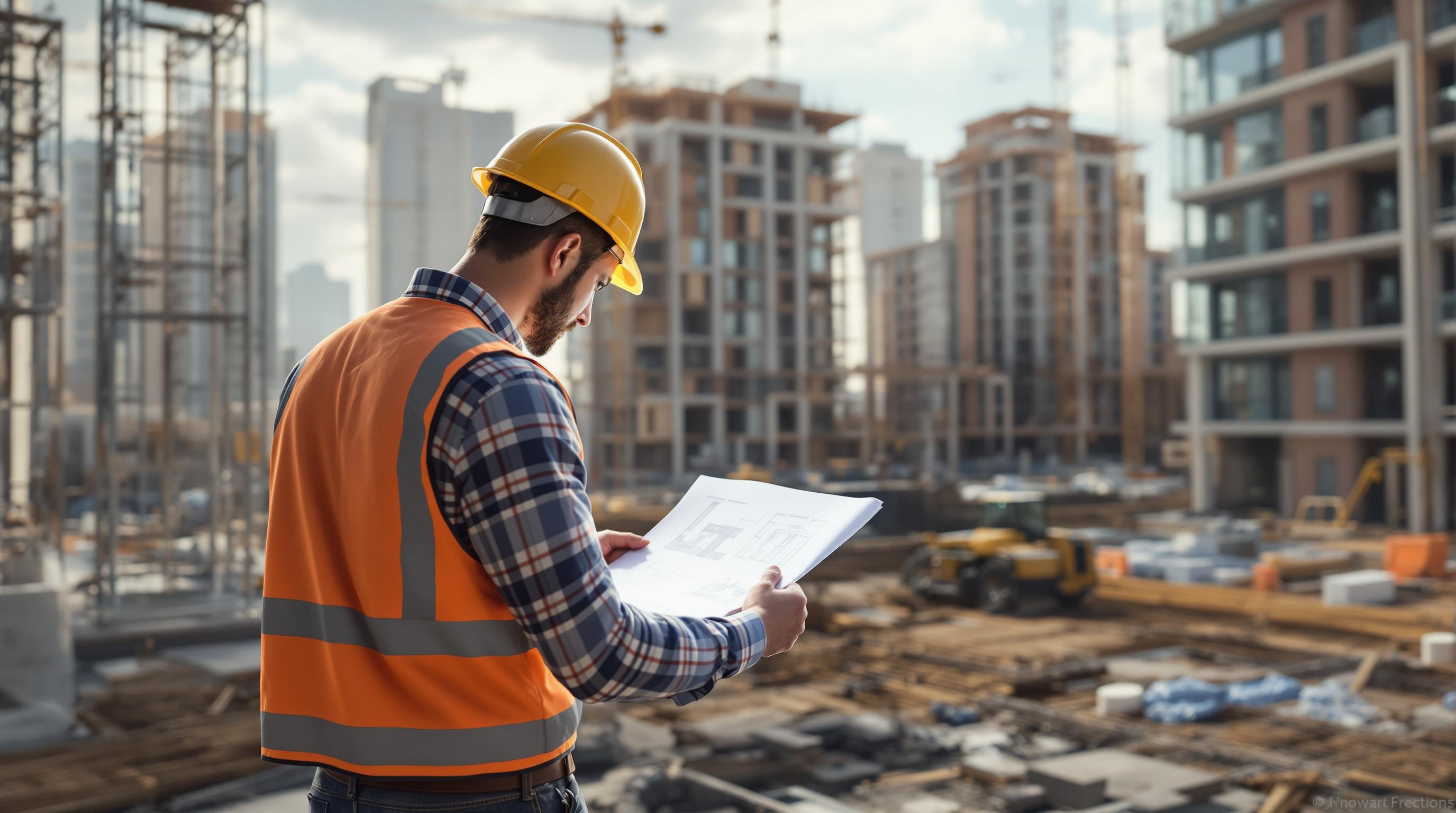 Developer in construction attire, examining detailed blueprints at a busy construction site.