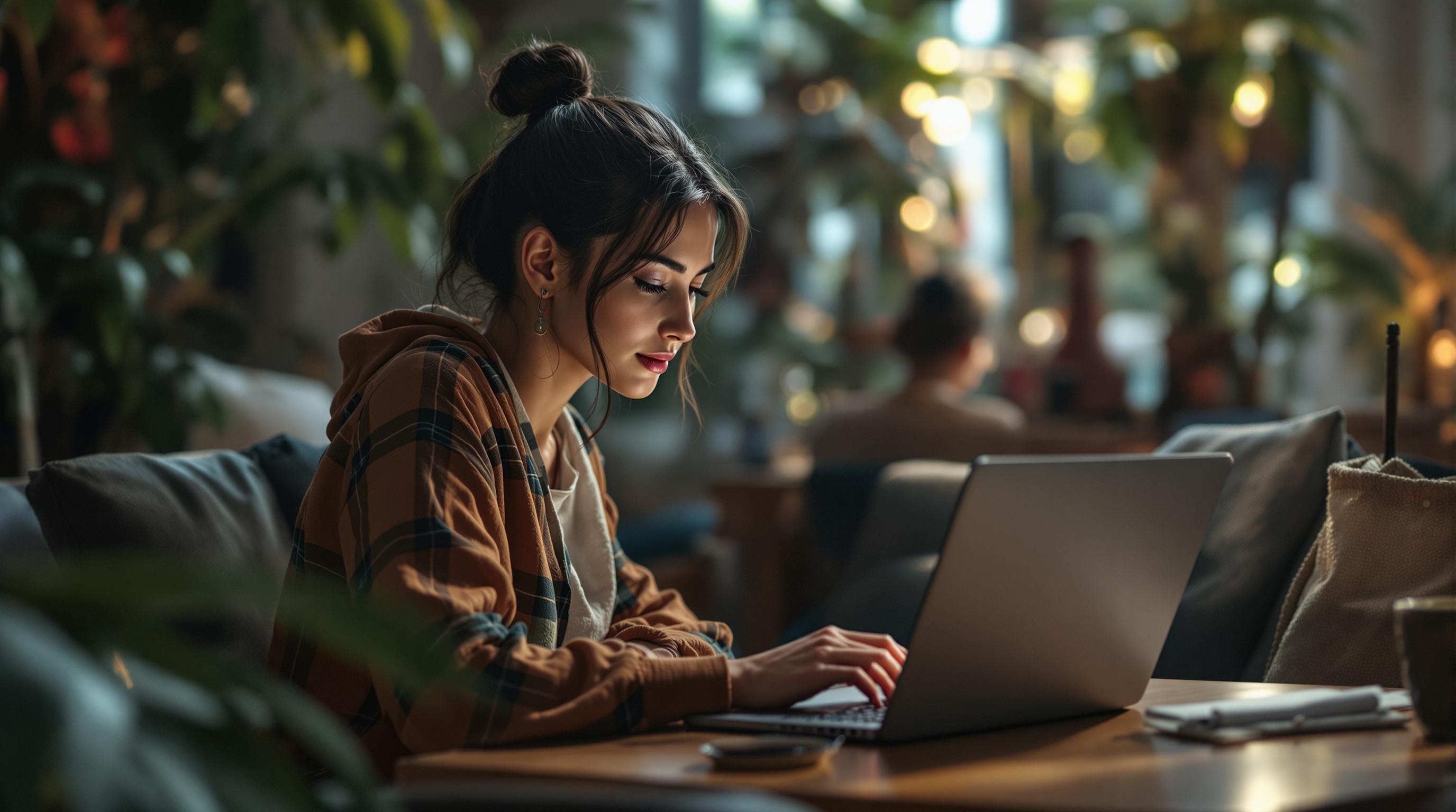 a female digital nomad working on her laptop in a cozy cafe with a cup of coffee next to her.
