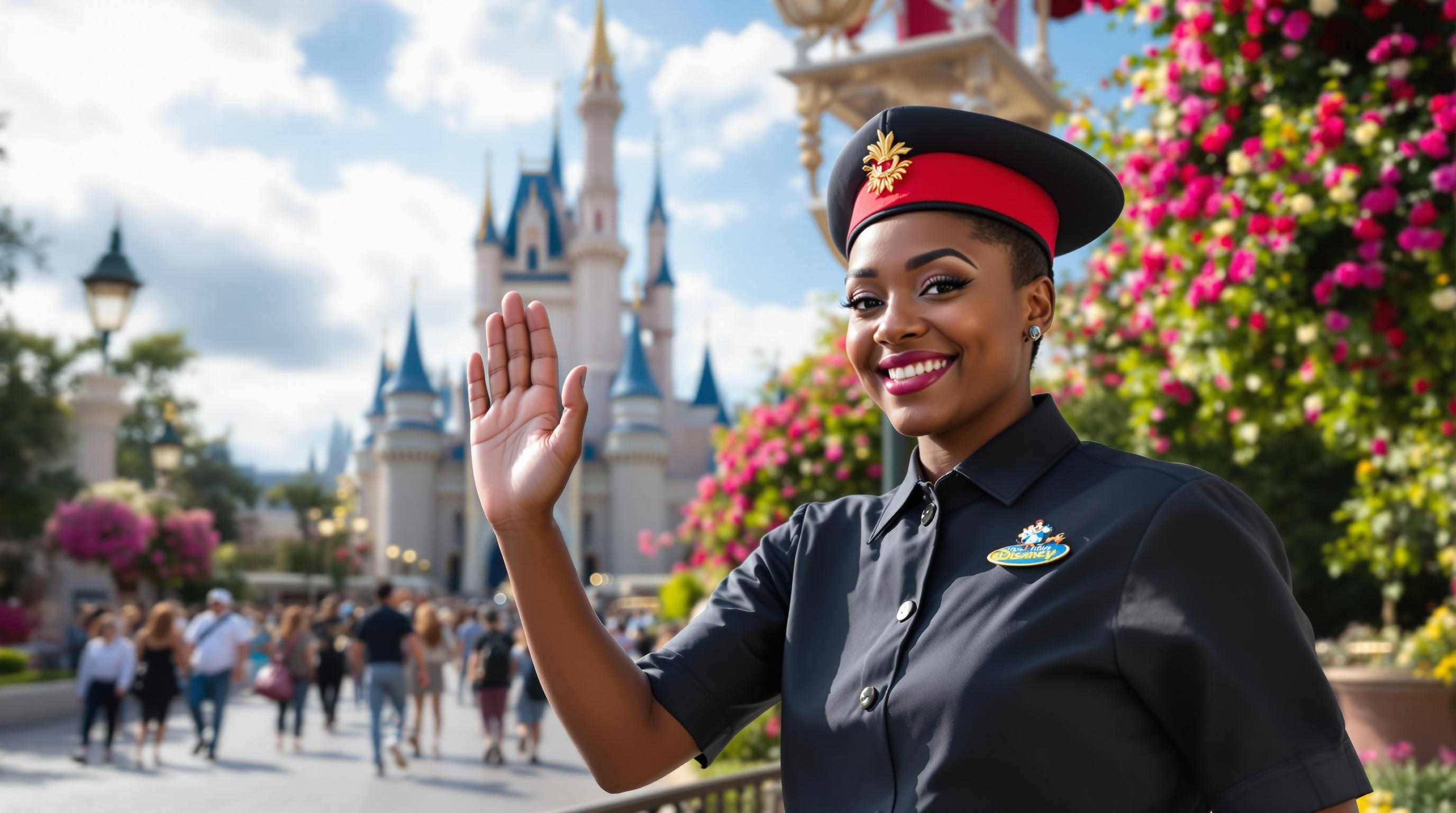 A Disney cast member wearing a uniform and waving at guests entering the Magic Kingdom park.
