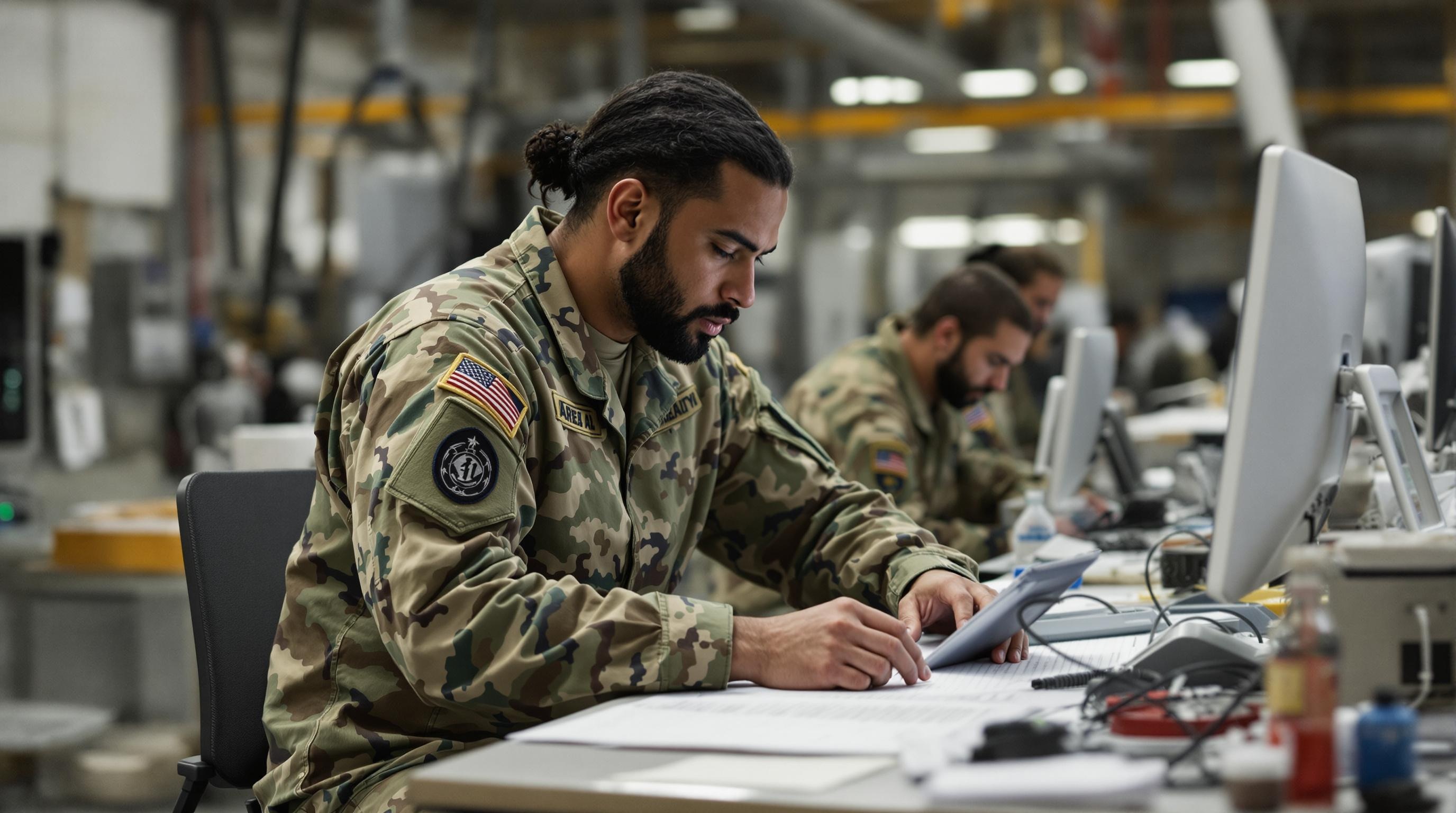 A group of army personnel of different genders, ethnicities, and ages working together at Area 51.