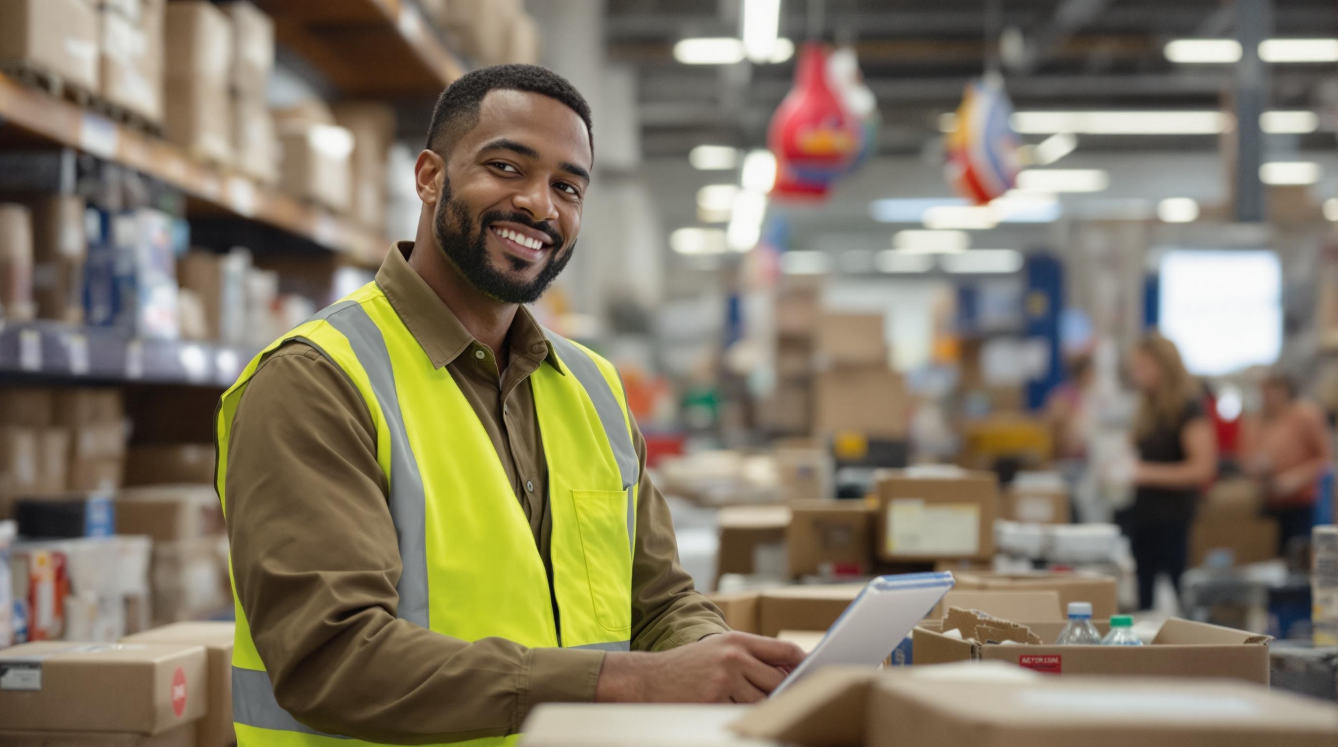 A candid photo of a diverse group of big box retail workers in their work environment, showcasing authenticity and inclusivity.