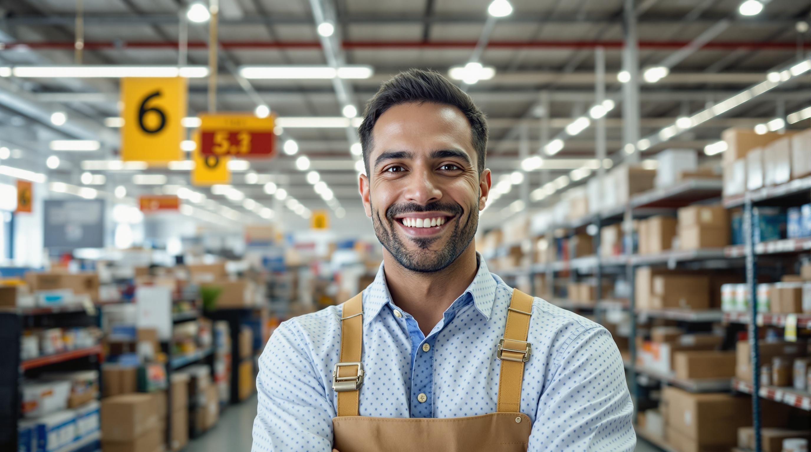 A candid shot of a big box store manager assisting a customer, showcasing diversity and professionalism.
