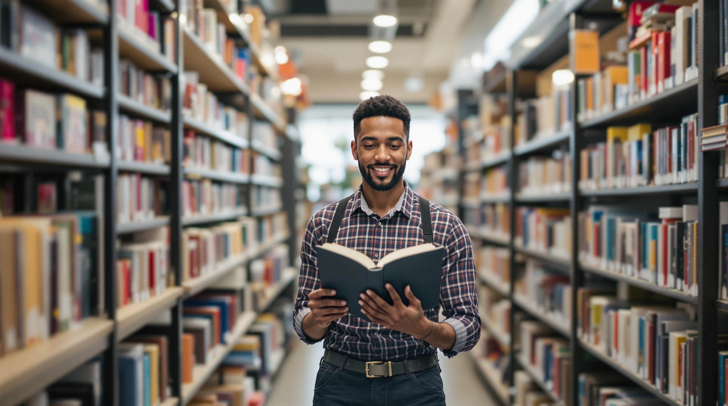 A person of color holding a book in a cozy book store setting, surrounded by shelves of books. The individual appears engaged and focused on the book in their hands.