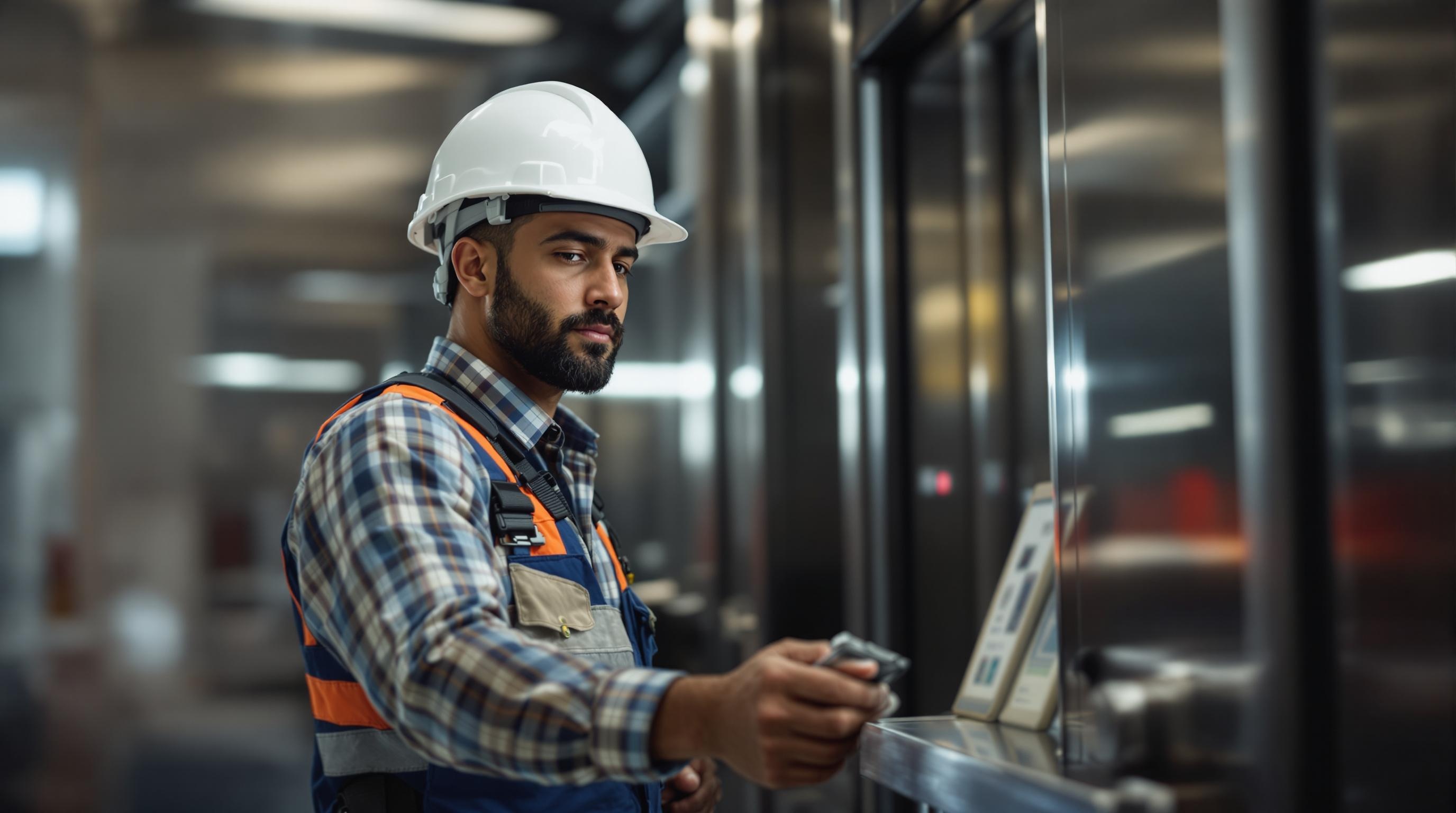 An authentic photo of a diverse elevator installer working on installing an elevator in a building.