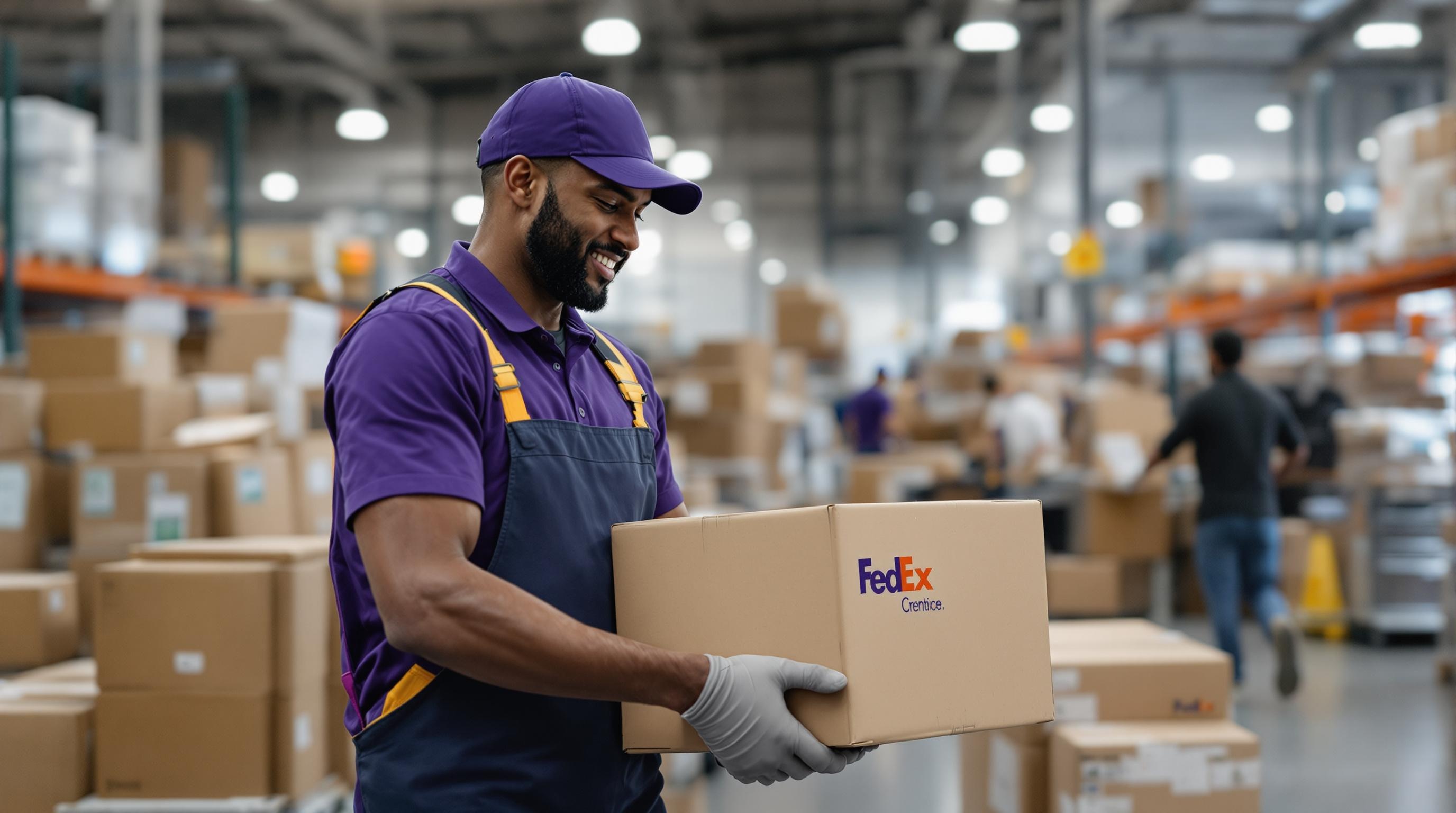 FedEx package handlers moving boxes in a warehouse, showcasing teamwork and efficiency.