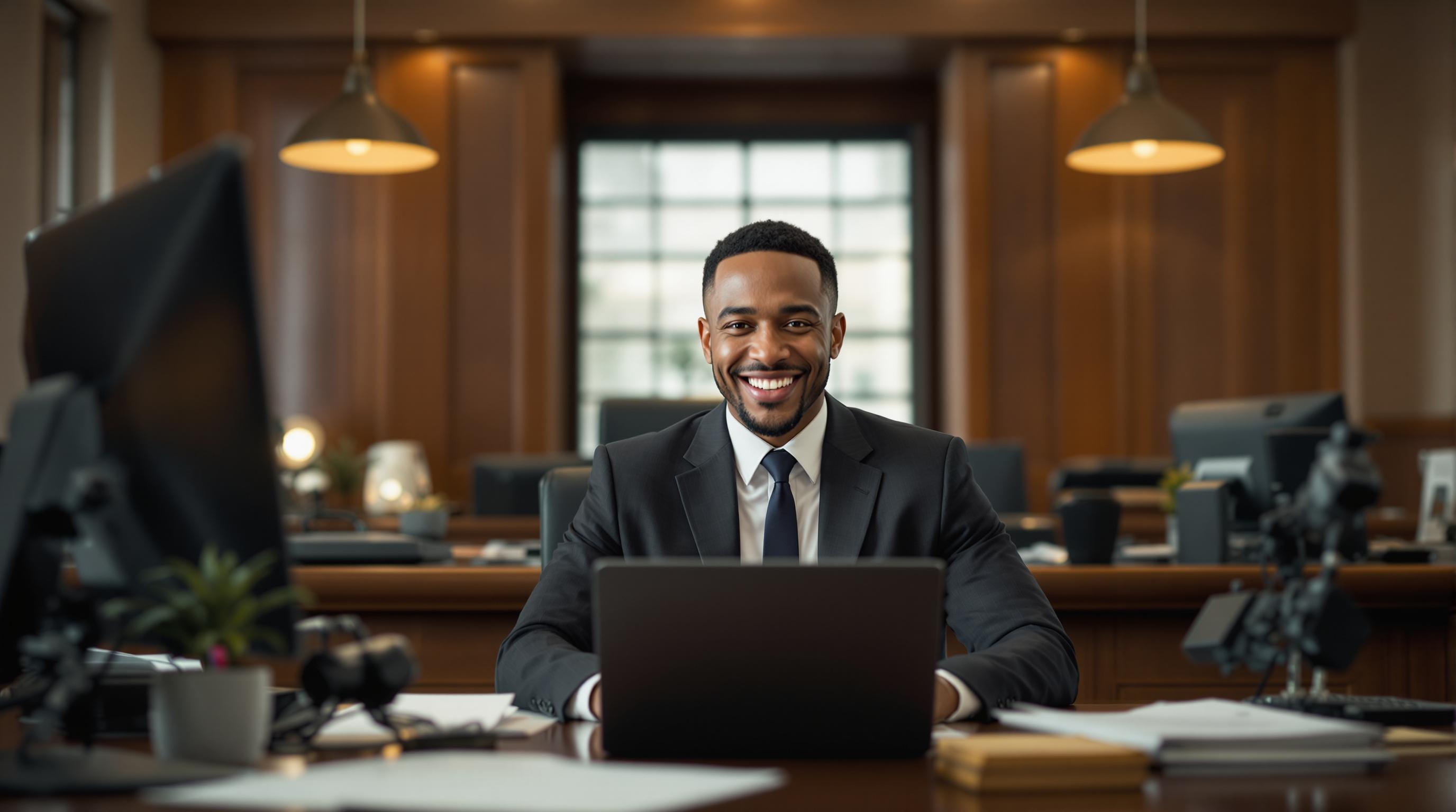 Lawyer in a courtroom setting, showcasing diversity and professionalism.