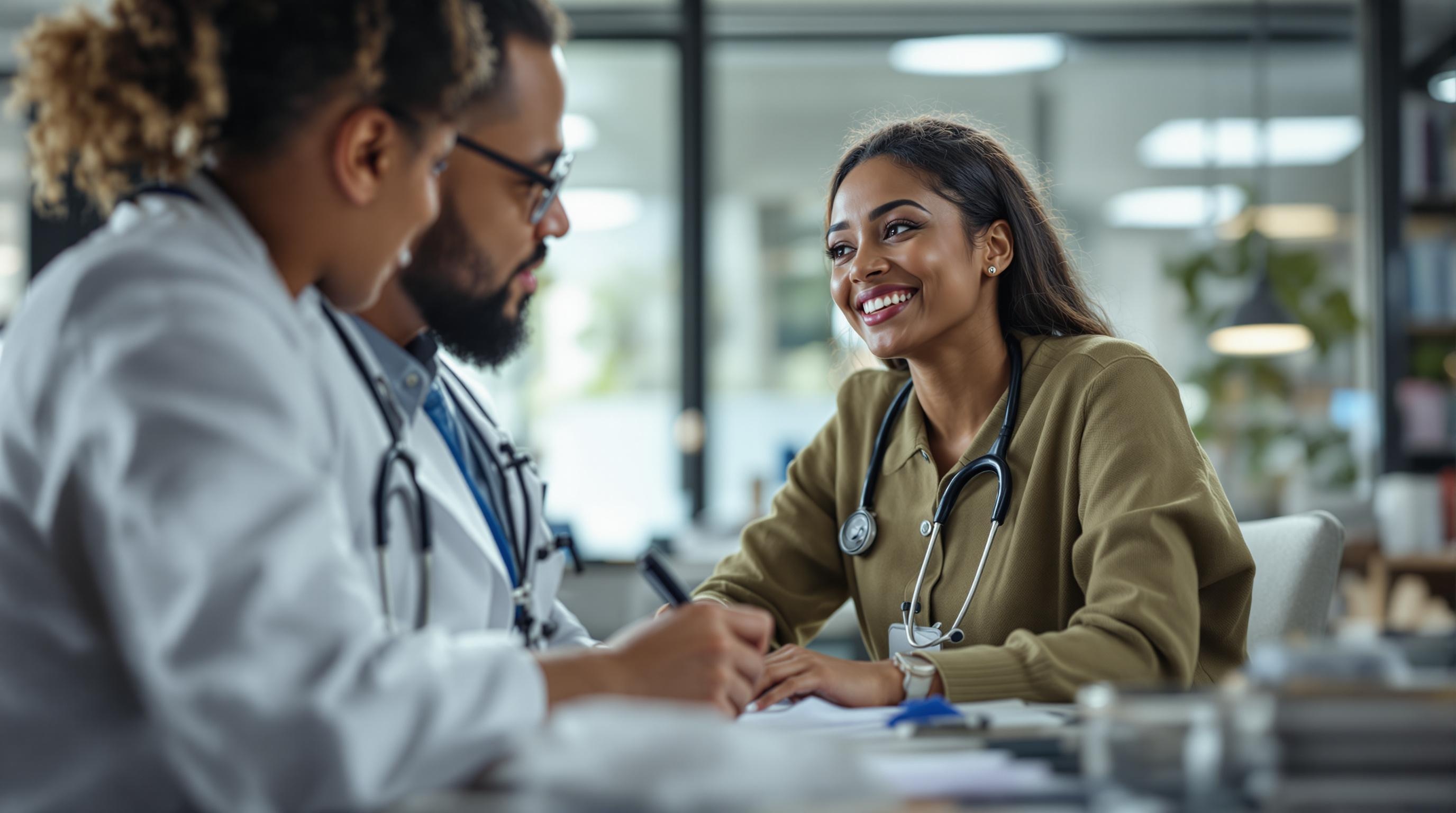 A group of diverse individuals working as medical scribes in a busy hospital setting, focused and engaged in their tasks.