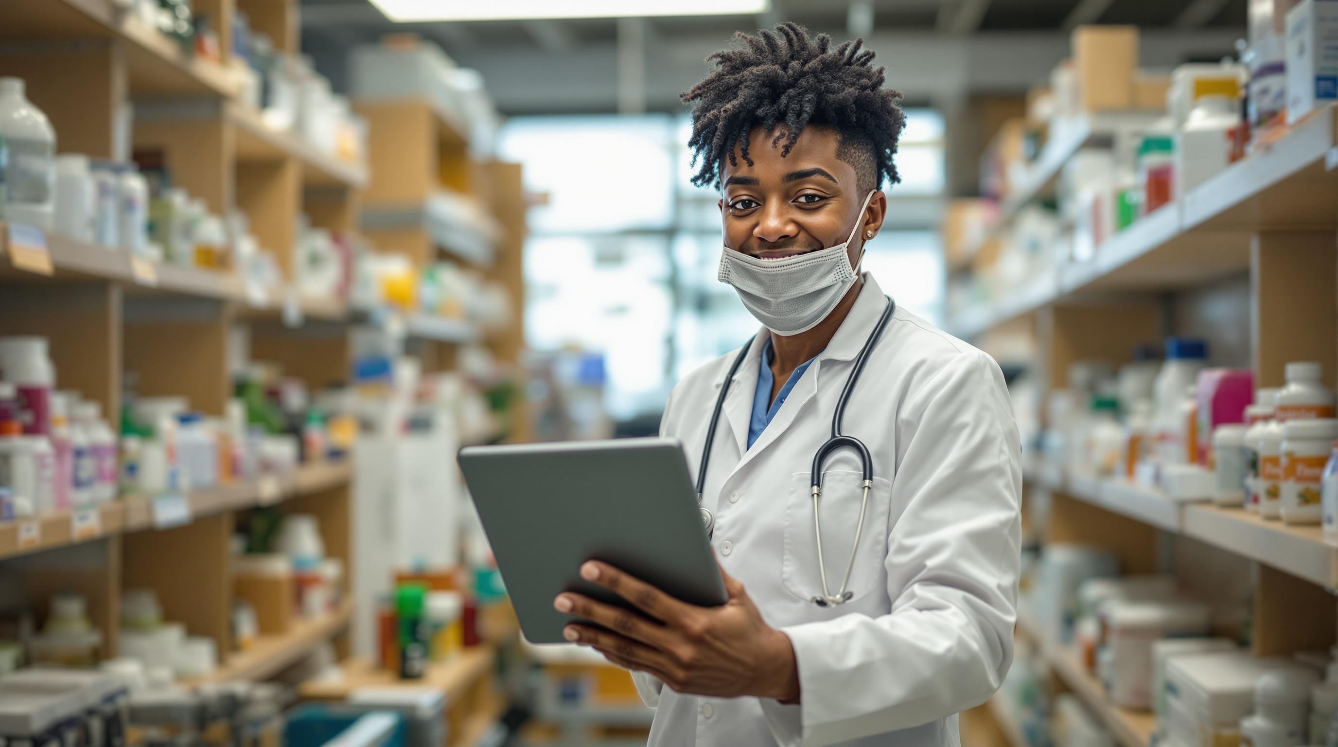 An authentic and candid photo of a diverse pharmacist working in a pharmacy. The pharmacist is seen assisting a customer with a friendly and knowledgeable demeanor.