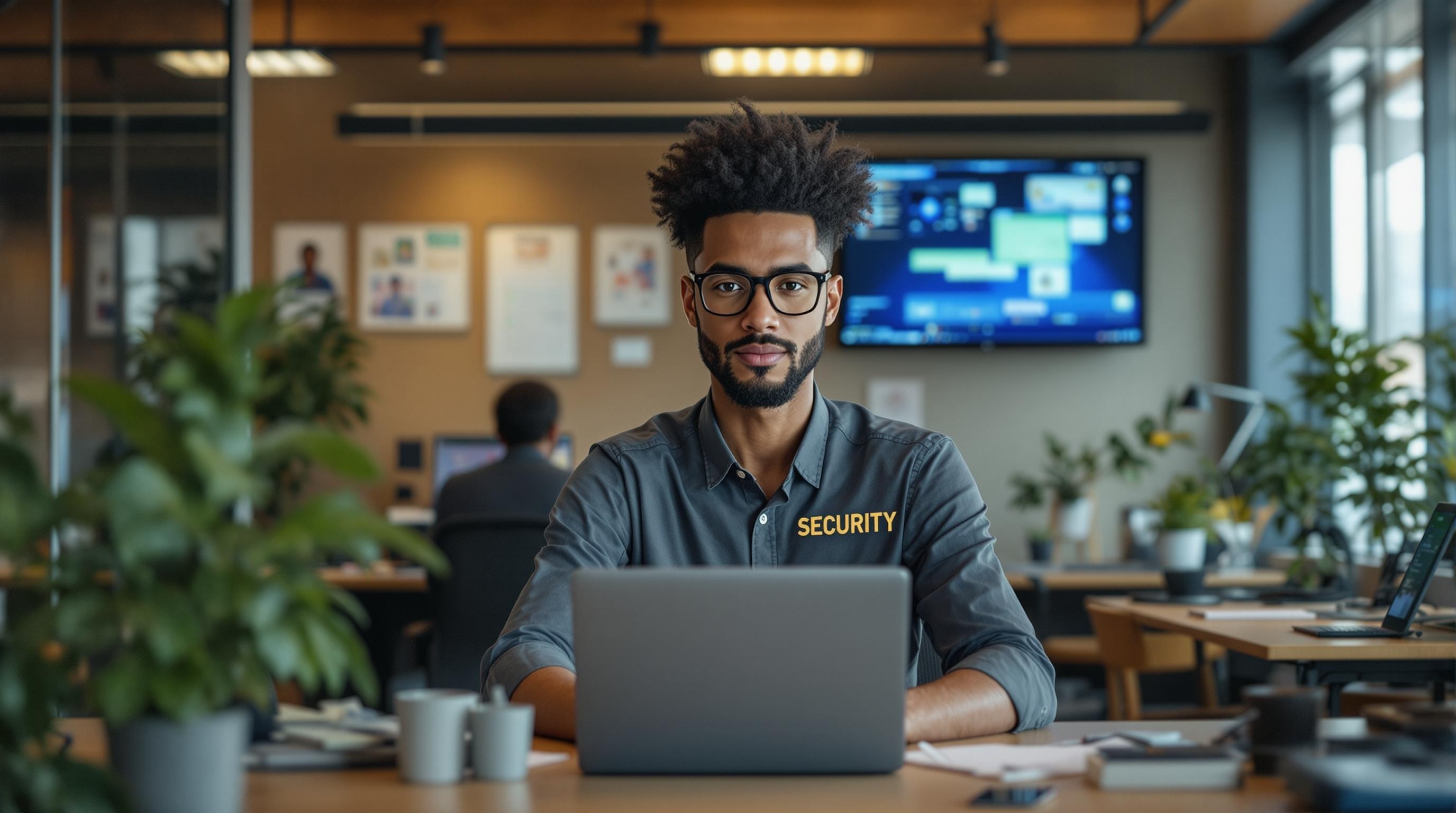 A candid shot of a diverse group of security professionals working together in an office setting.