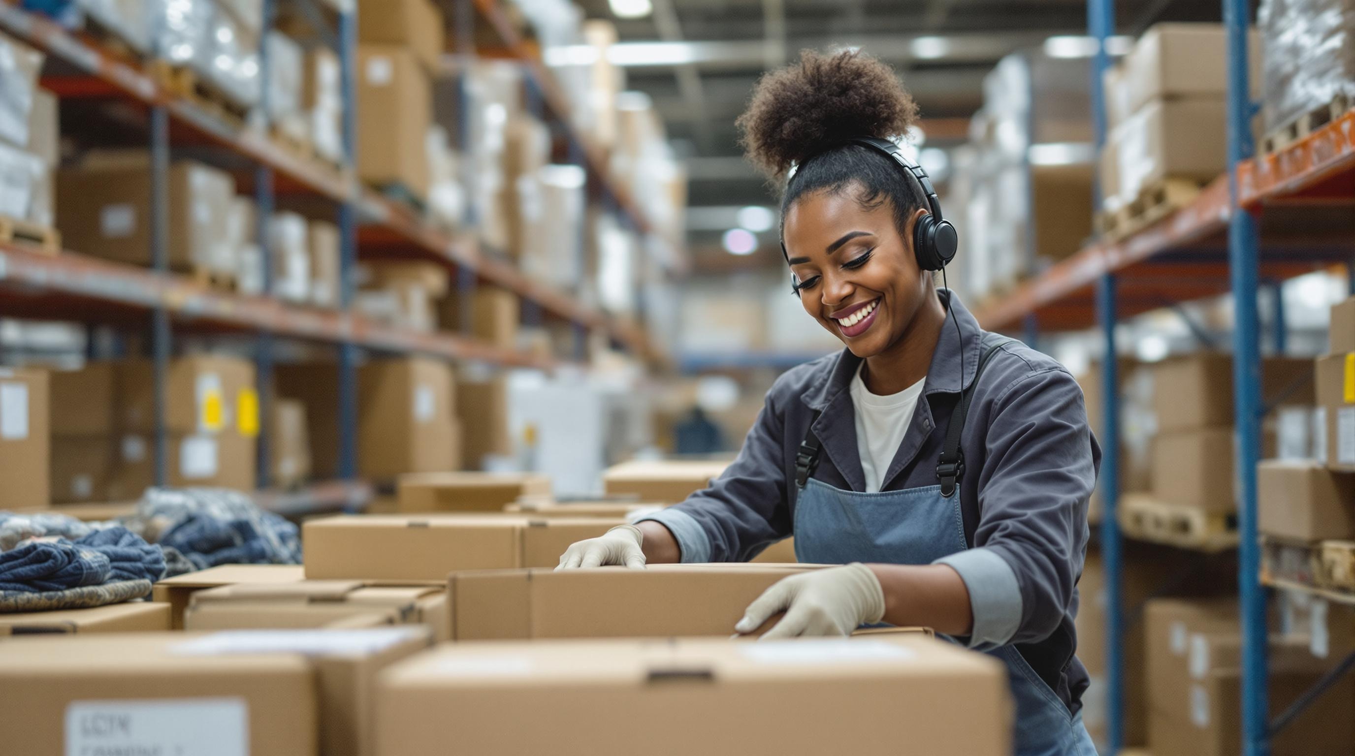 A candid shot of a person of color packing boxes in a warehouse, showcasing diversity and inclusion in the workplace.