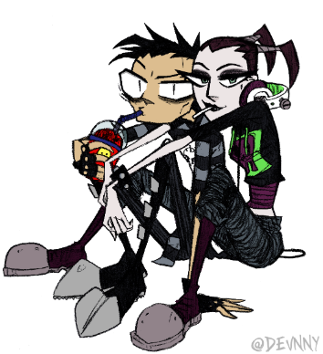 Illustrated emo style cartoon couple sitting on the ground with the girl hugging the boy from behind while he holds a red and blue soda cup. Both characters wear black and punk inspired outfits with chunky shoes and edgy accessories, and the drawing has a sketchy hand drawn look with a small artist signature in the corner.