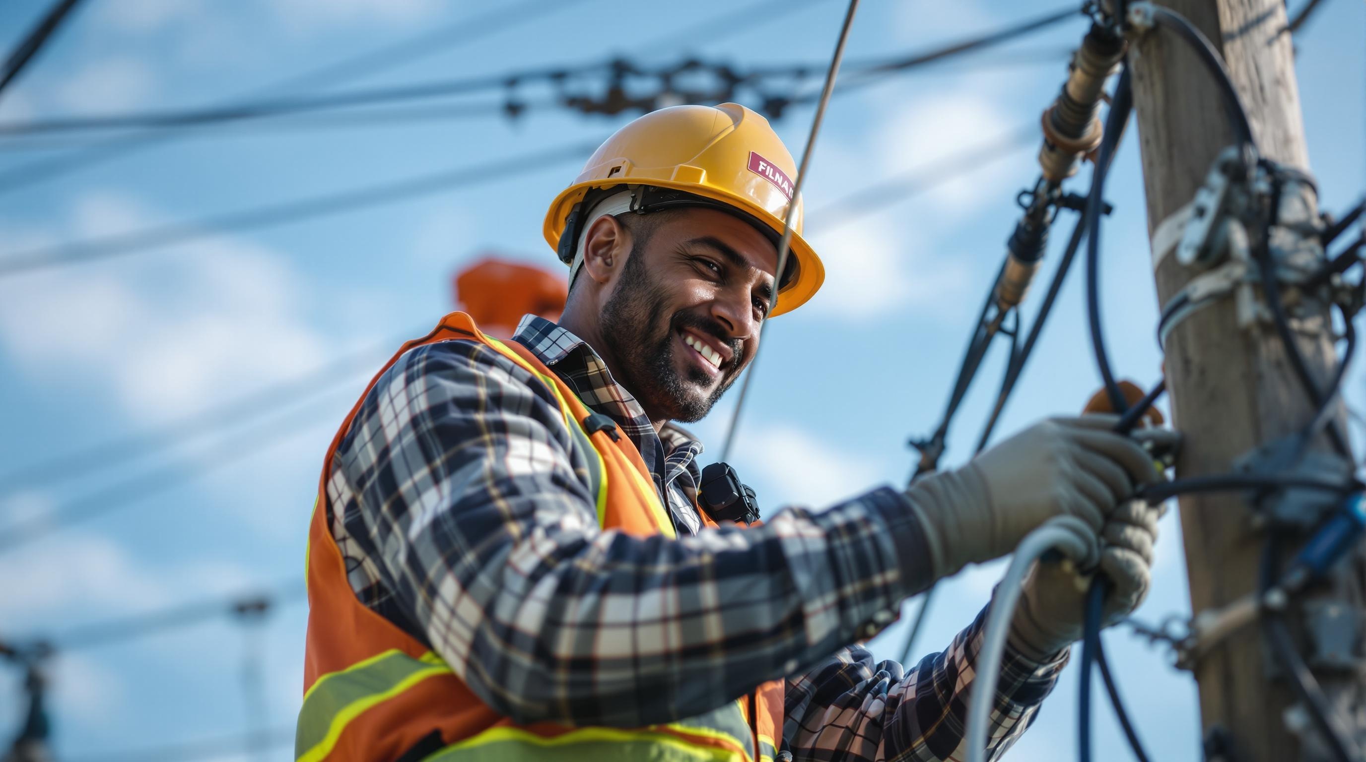 an electrician working on power lines with tools and safety gear on a sunny day.