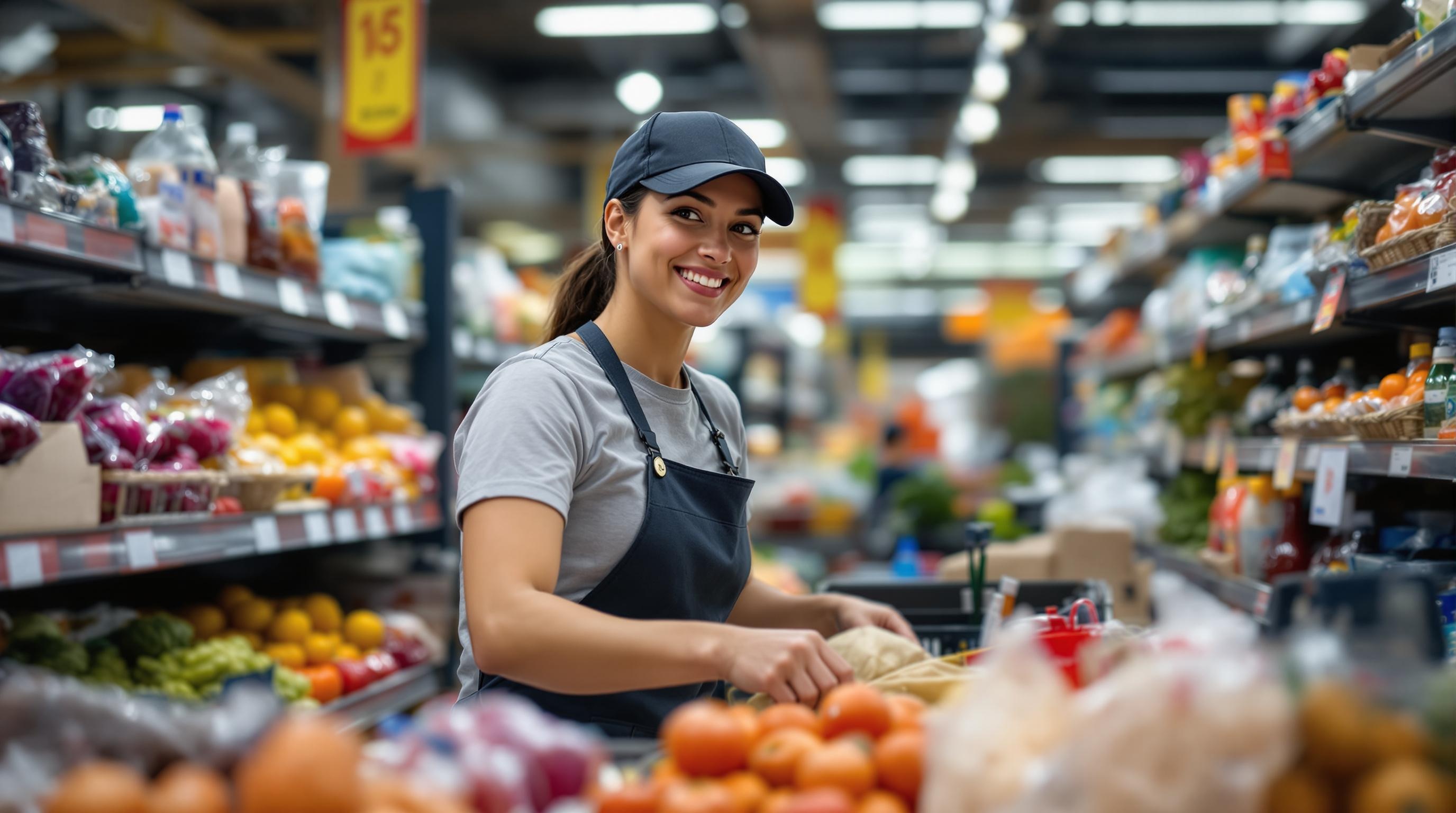 Employee enthusiastically bagging groceries with a genuine smile.