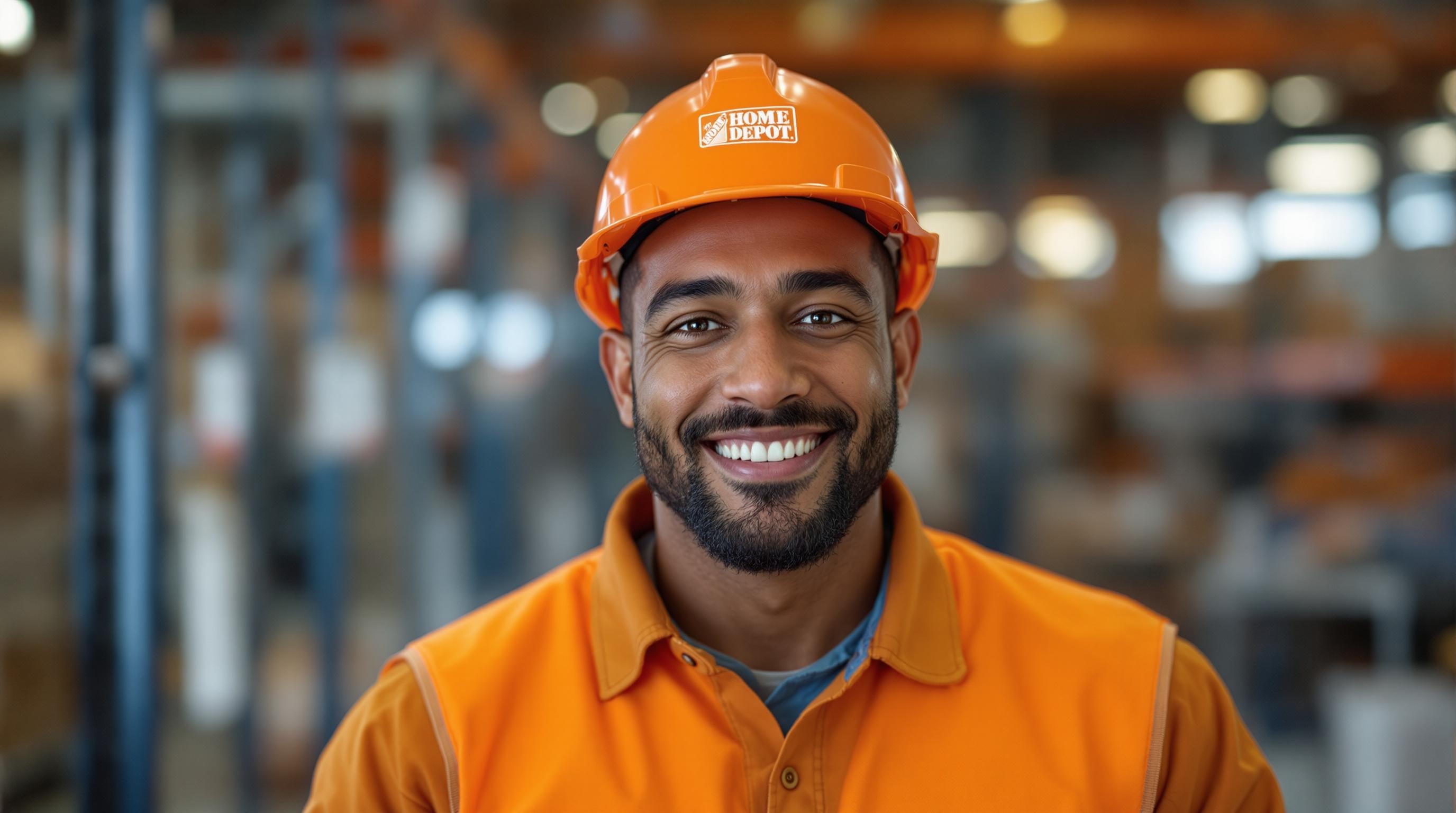 A candid photo of a diverse Home Depot worker assisting a customer with a friendly smile.