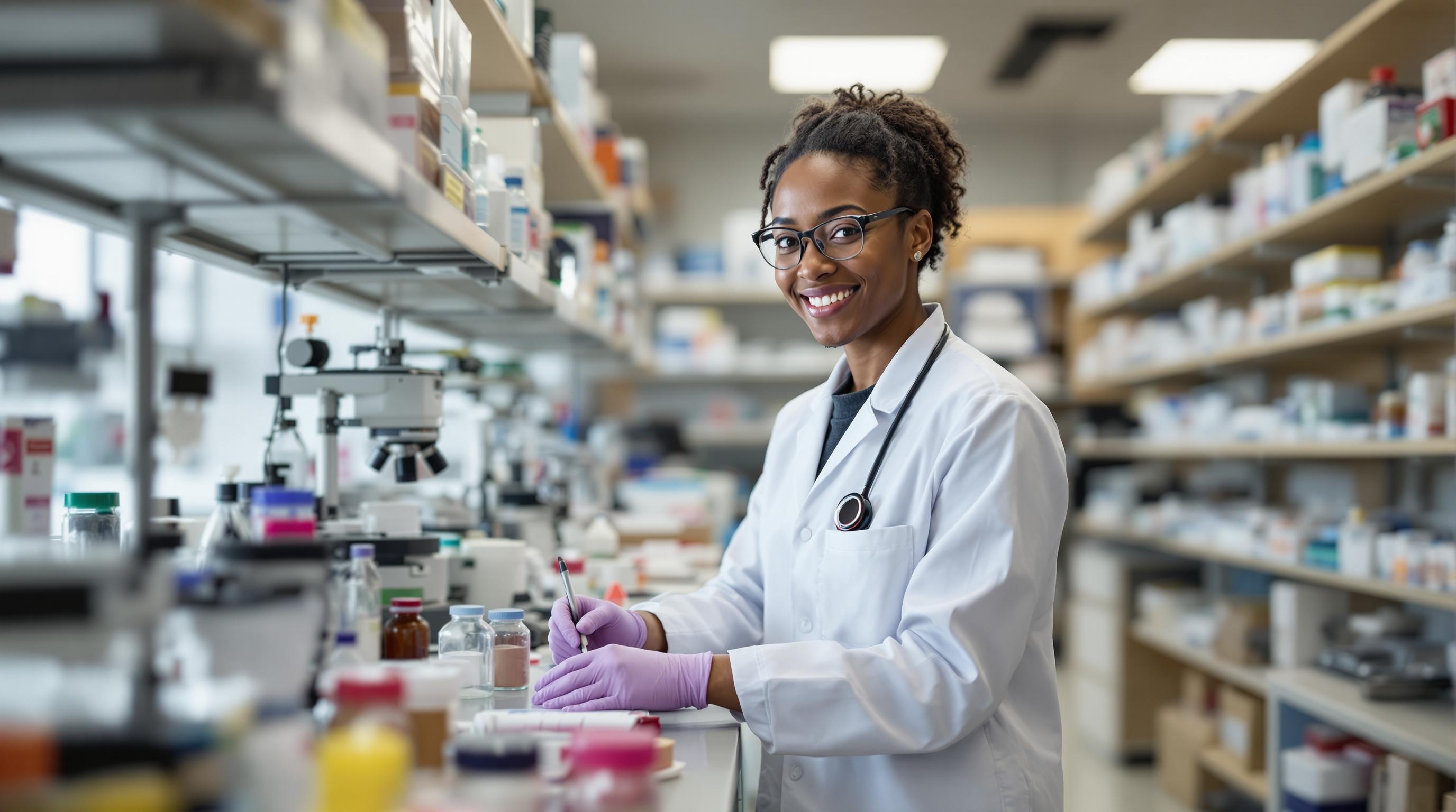 A candid photo of a pharmacist working in a lab, showcasing diversity and professionalism.