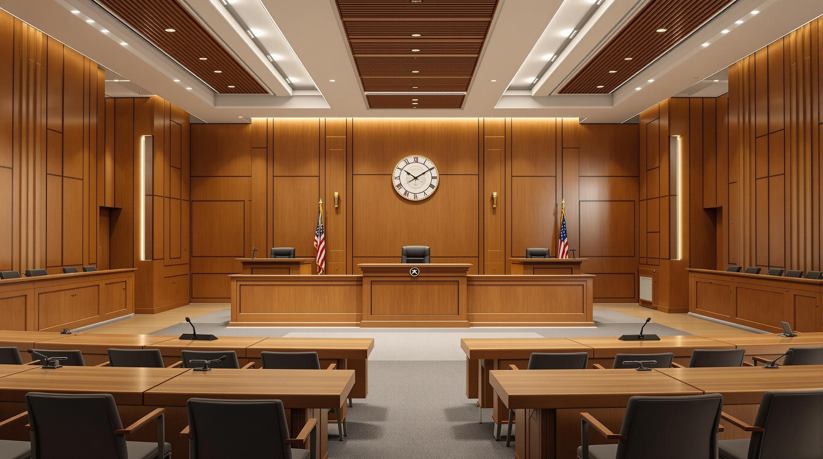 An ultra realistic photo of an empty courtroom with wooden benches, judge's bench, and flags in the background.
