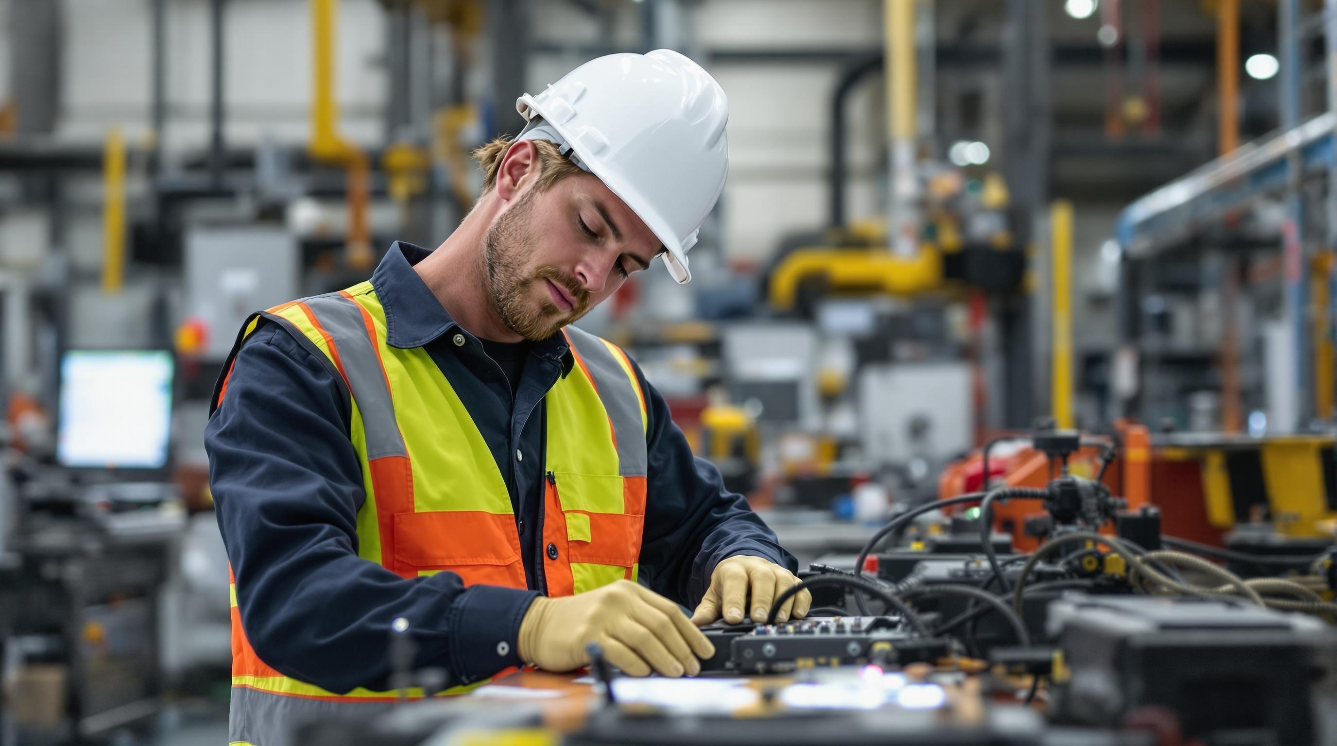 An engineer working on machinery in a factory setting.