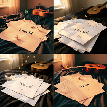 Collage of four moody indie album cover concepts showing lyric sheets titled “I Would” on a bed beside an acoustic guitar in warm sunset light.