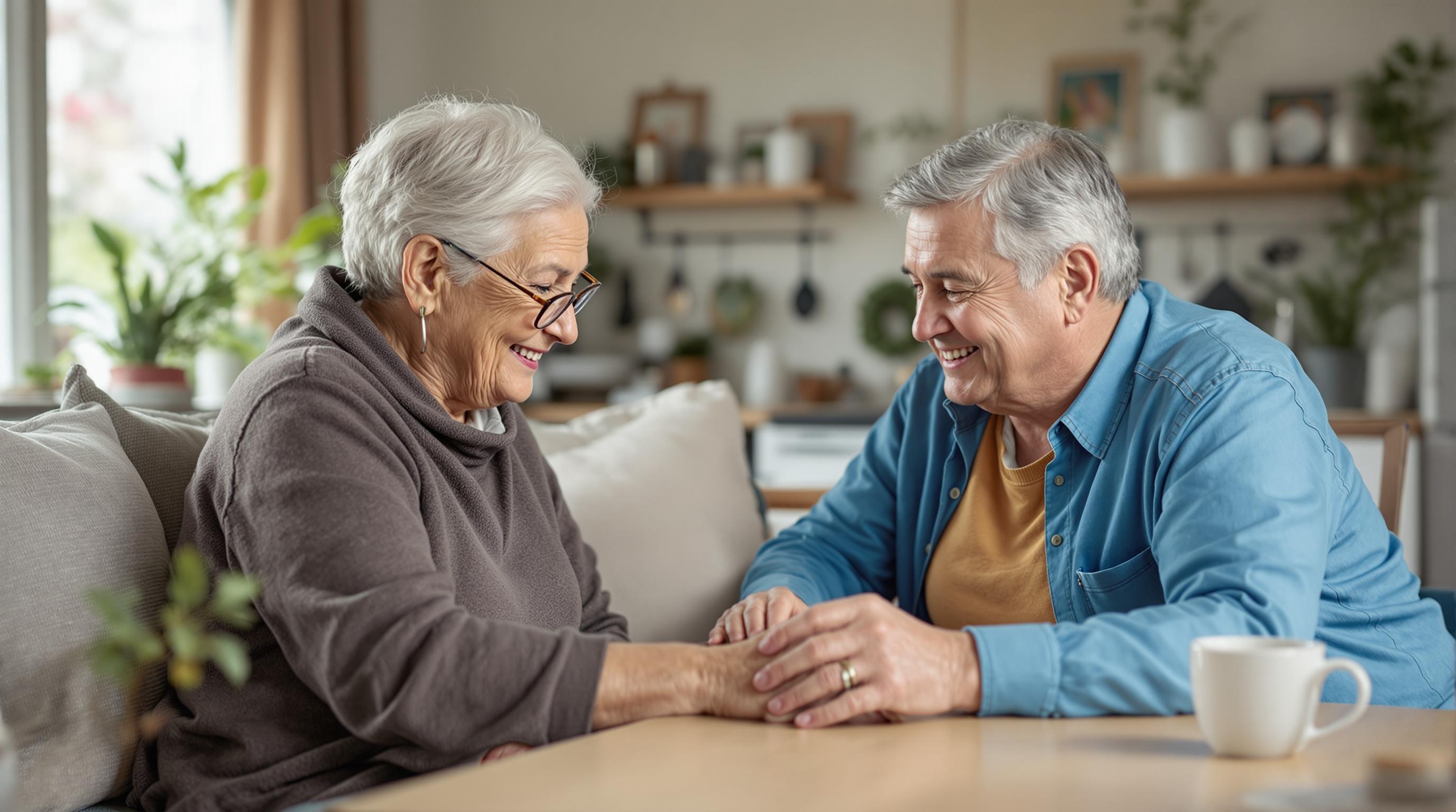 family caregiver helping an elderly parent with daily activities at home. The caregiver is gently supporting the parent as they walk, showing care and compassion.