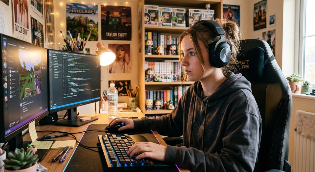 Fictional 2D game on a computer screen with a 15 year old girl wearing a headset coding the game on the right section of