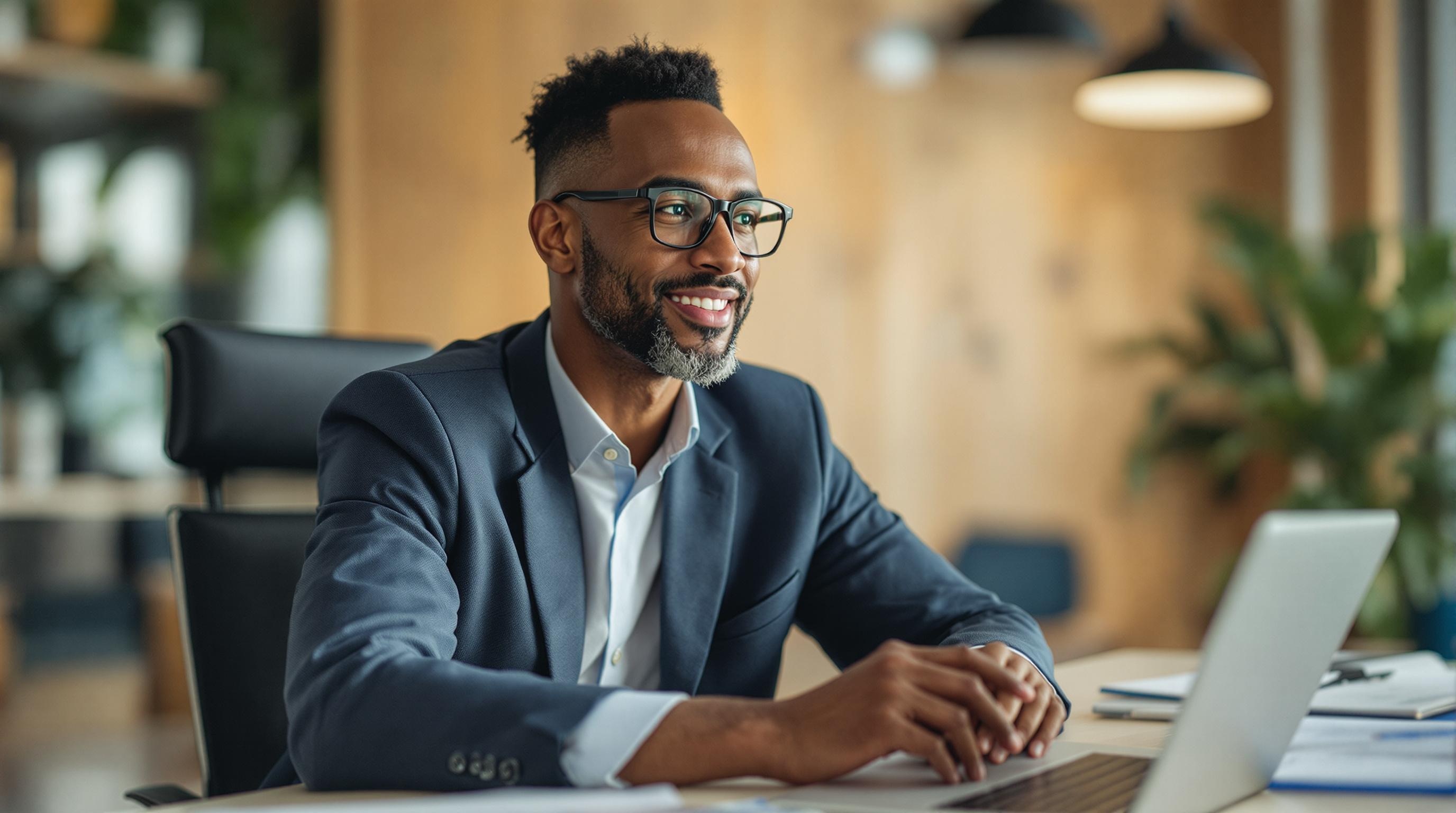 A finance manager confidently leading a meeting with diverse team members in a modern office setting.