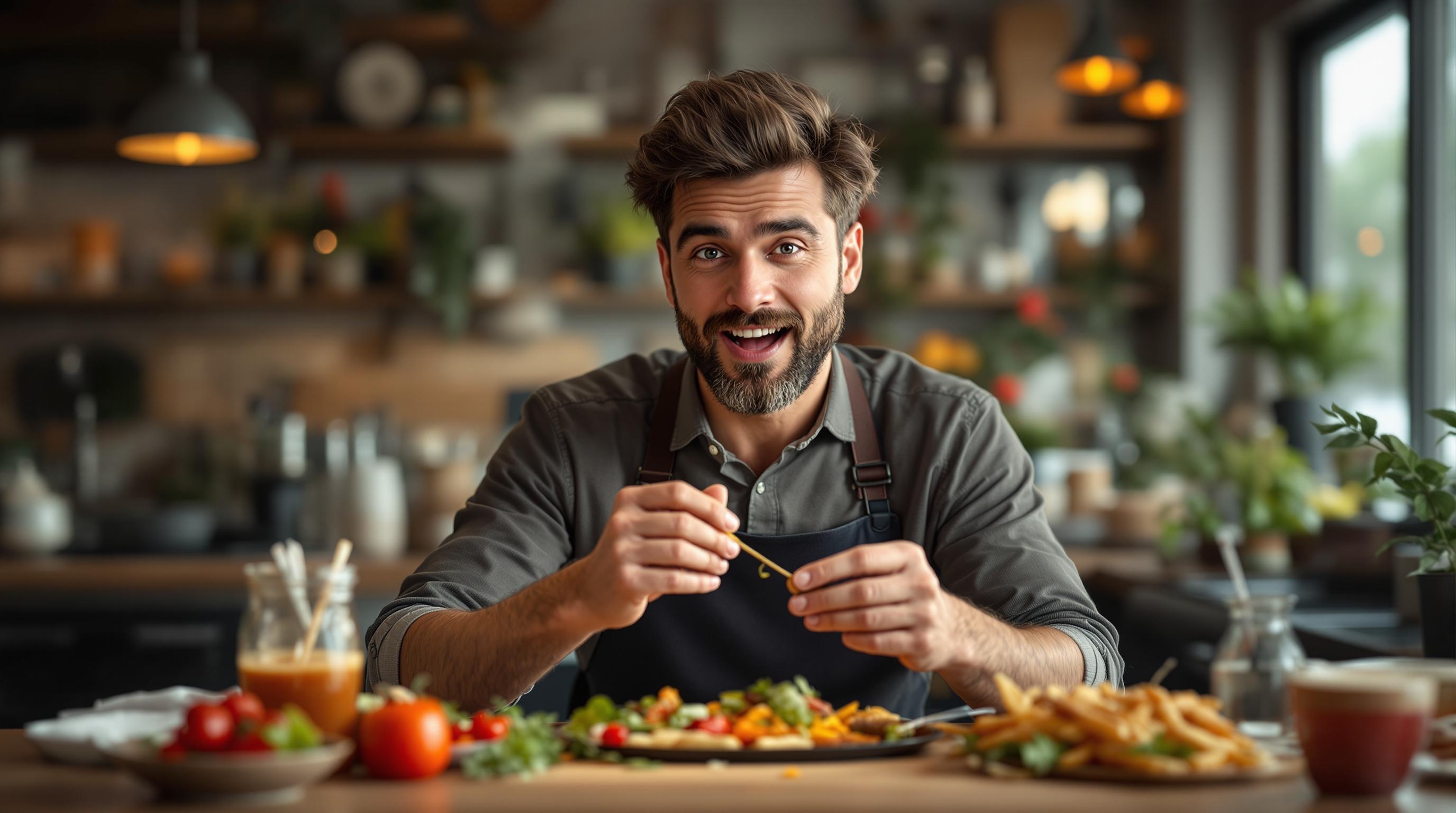 A food reviewer sitting at a table, tasting and reviewing a plate of food.