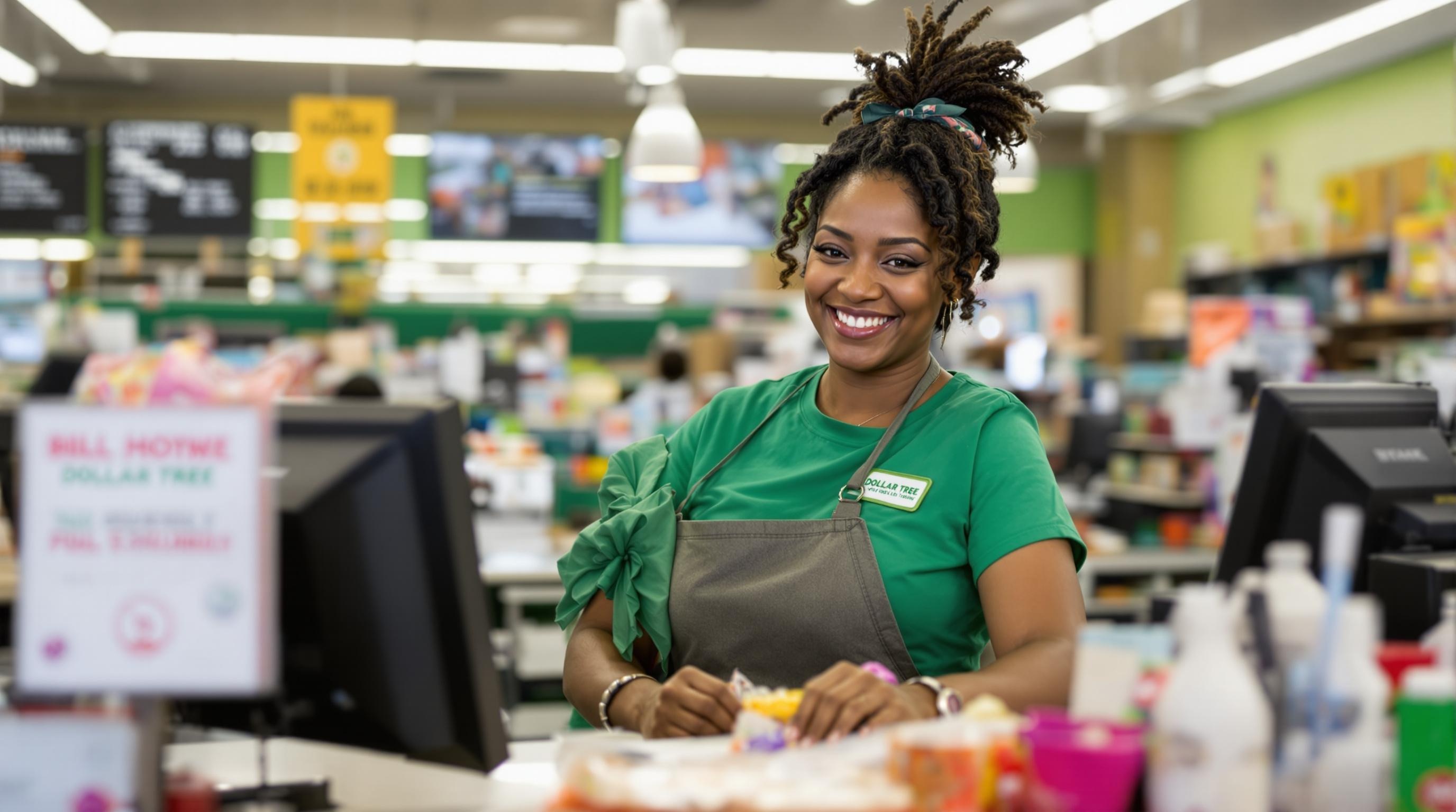 An ultra realistic photo of a cashier at Dollar Tree, showcasing a diverse individual in their workplace. The cashier is smiling and interacting with customers in a genuine and friendly manner.
