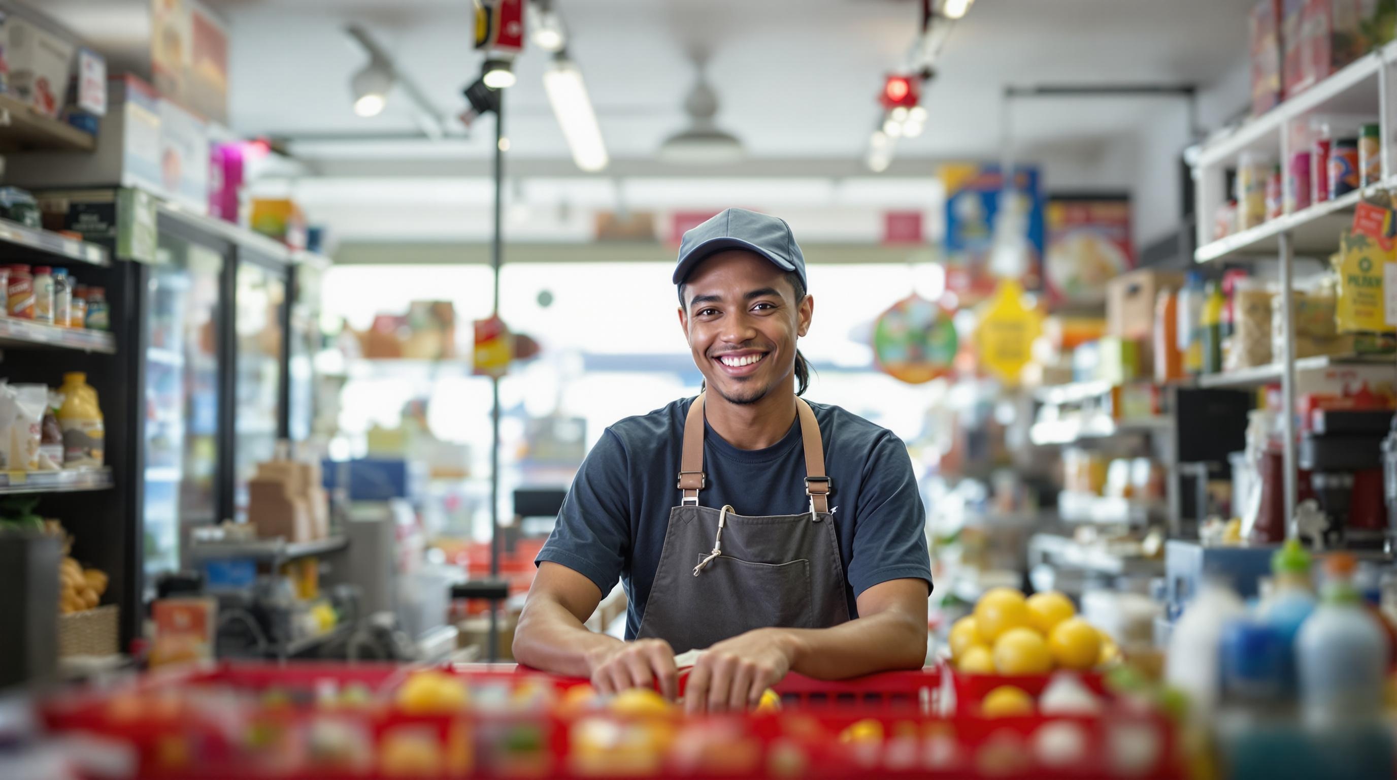 A candid photo of a friendly convenience store worker assisting a customer with a smile.