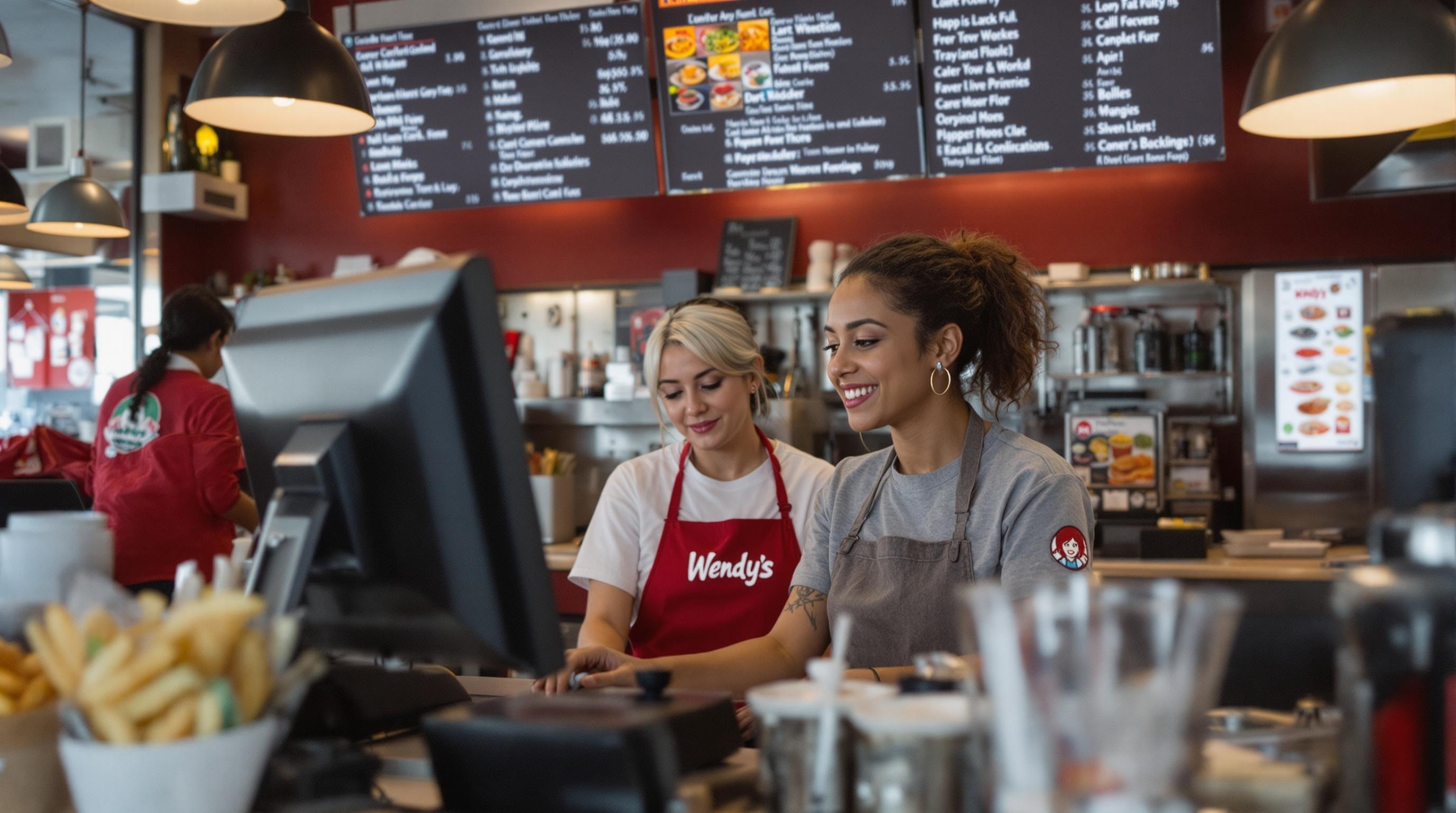 Wendy’s employee working at the register in a fast food restaurant. The employee is smiling and interacting with a customer.