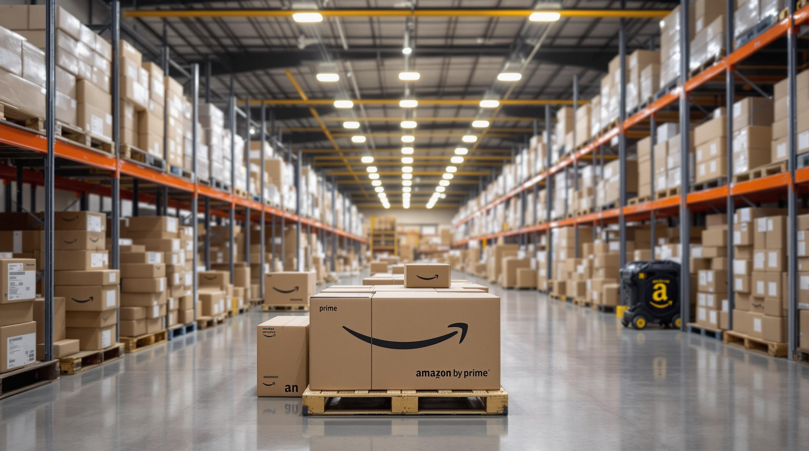 Amazon warehouse filled with packages labeled for Prime shipping.