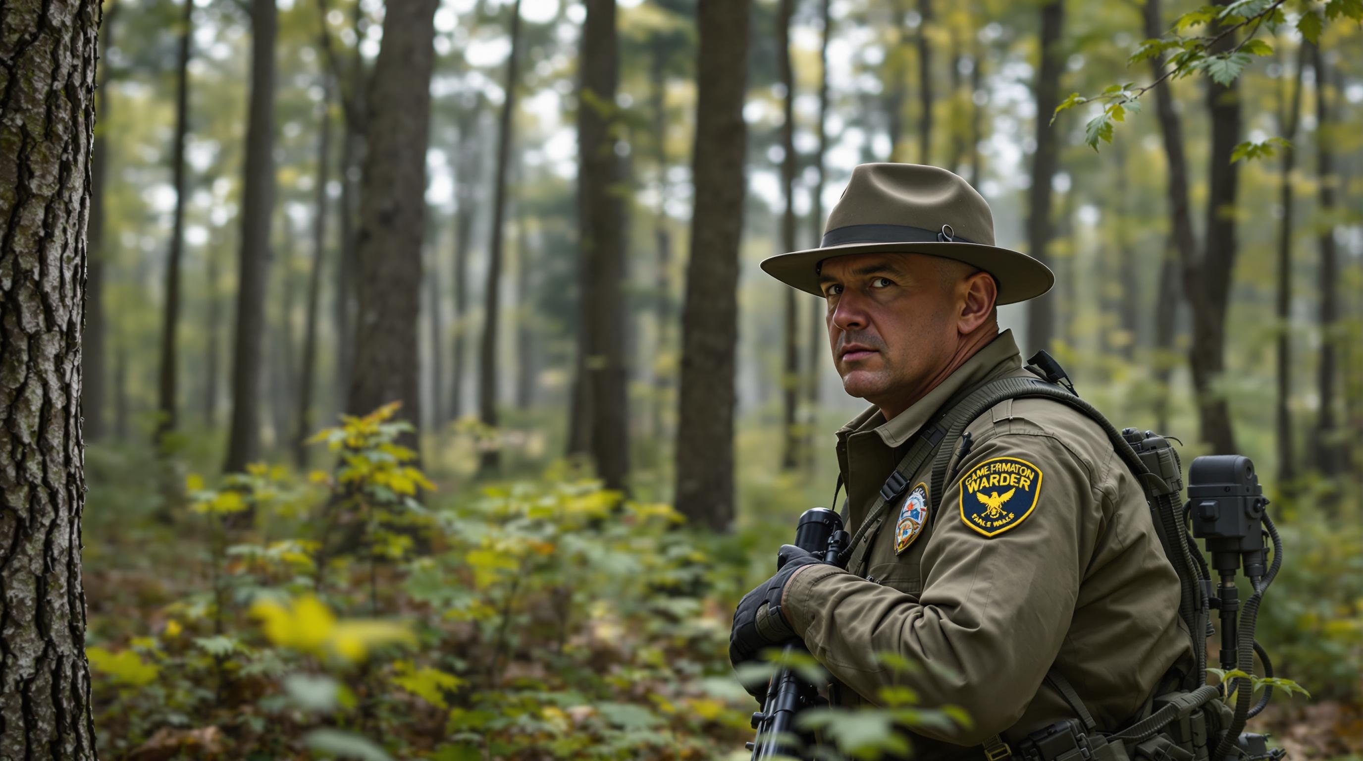 Game warden walking through a dense forest, monitoring the wildlife and surroundings.