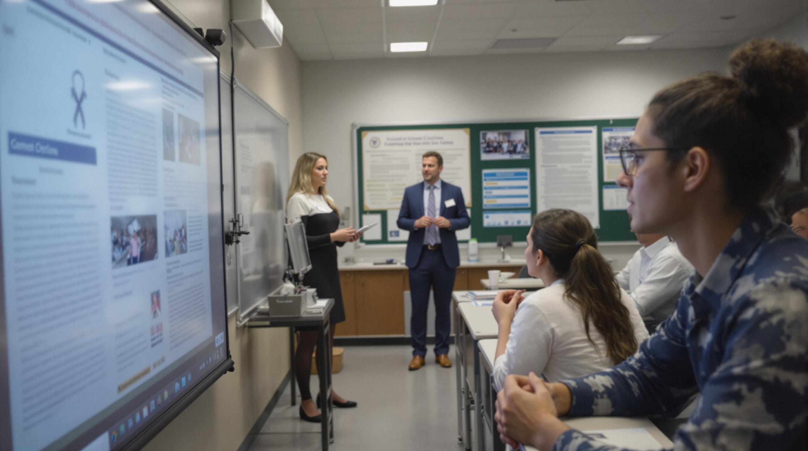 Genetic Counseling Students Presenting Research in Classroom Genetic counseling students presenting their research in a classroom setting. The students are engaged in discussion, with posters and charts displayed in the background.