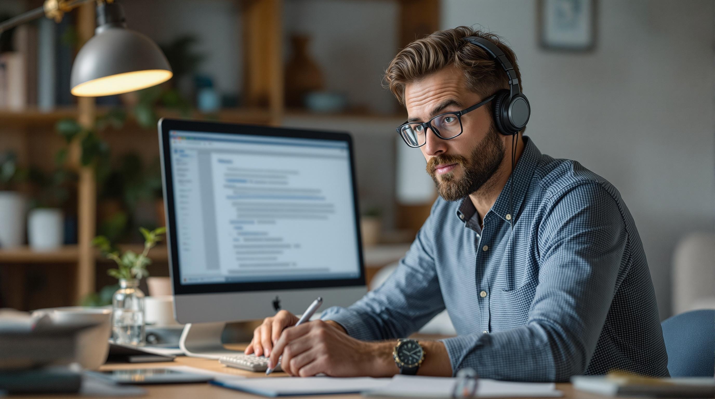 A detailed image of a grant writer working diligently at a desk with papers and a computer.