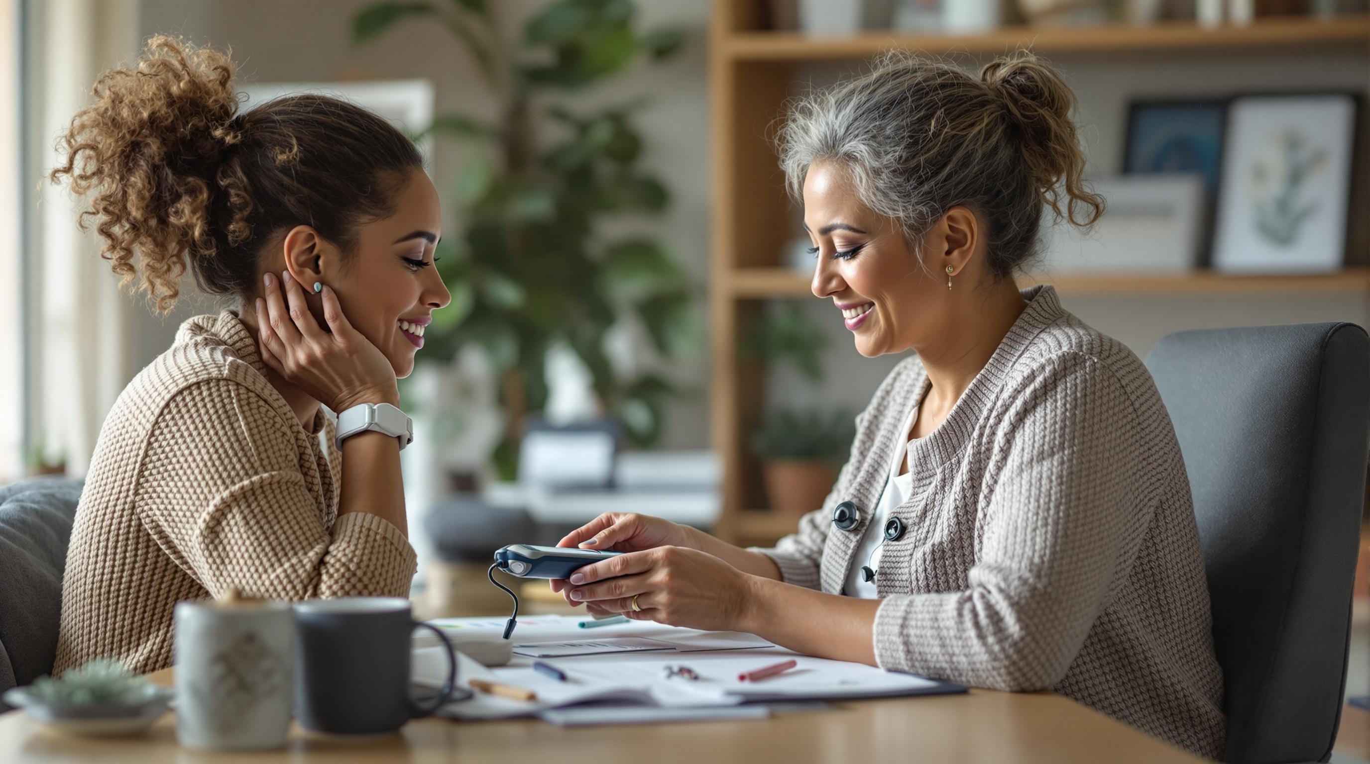 A home health aide sitting next to an elderly client, gently checking the client's vital signs with a stethoscope and blood pressure cuff.