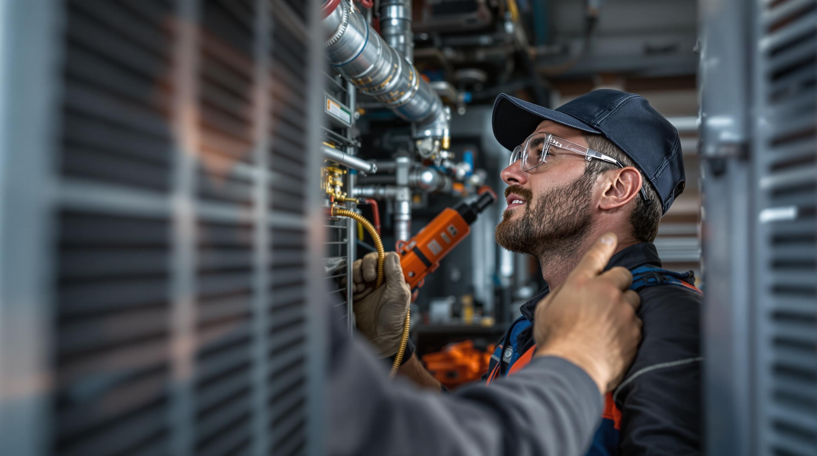 HVAC technician working on an air conditioning unit, with tools and equipment visible in the background.