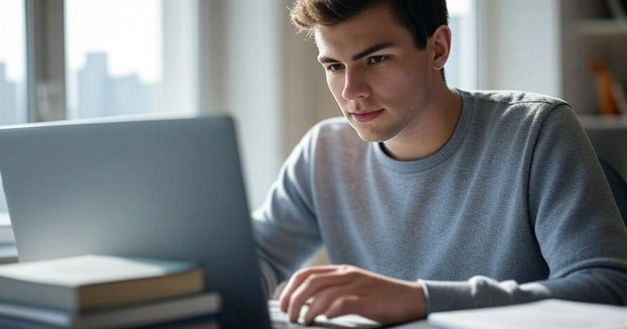 A man writing techincal documents on a silver laptop