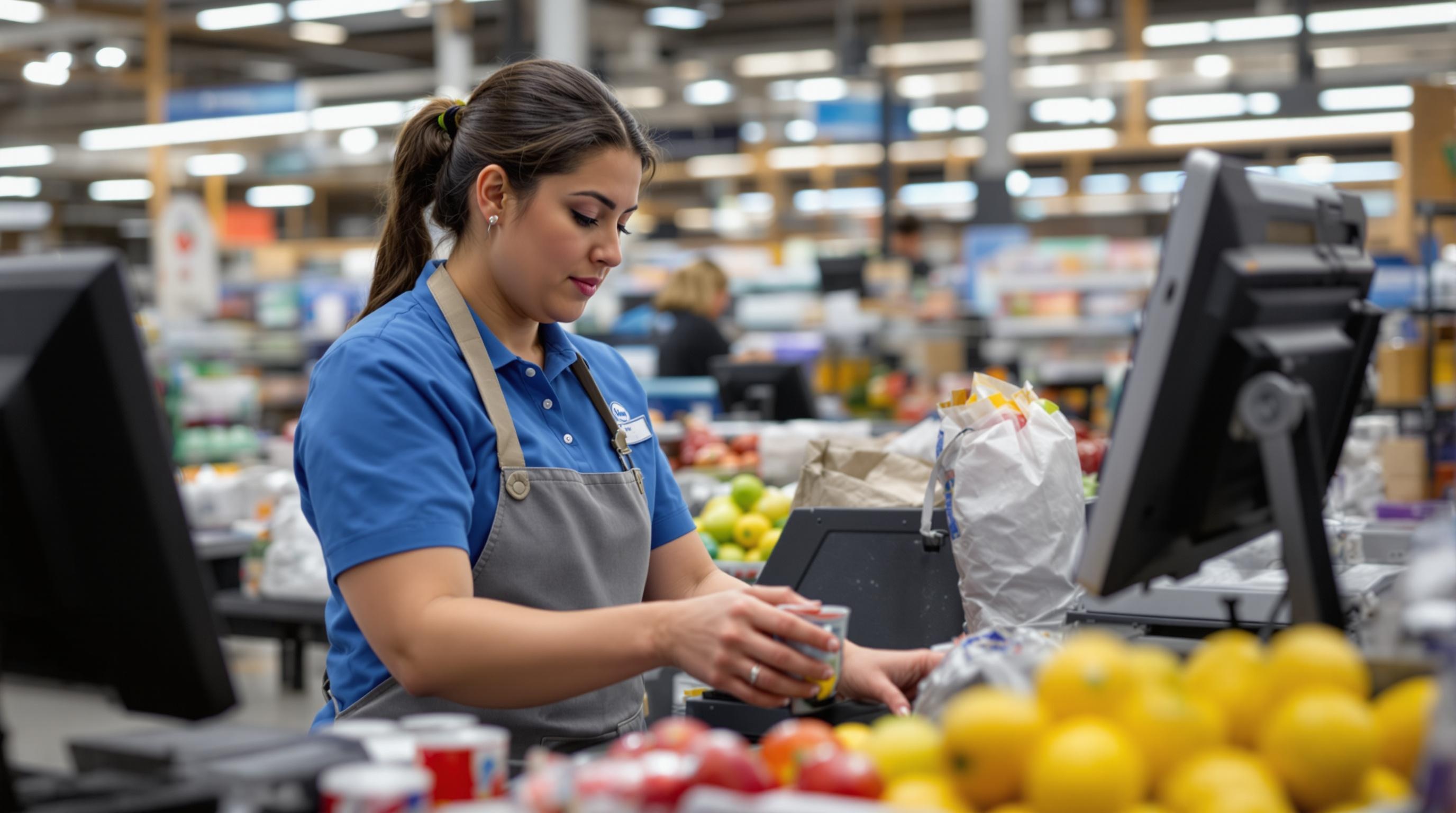 Kroger cashier scanning items at the register in a grocery store.