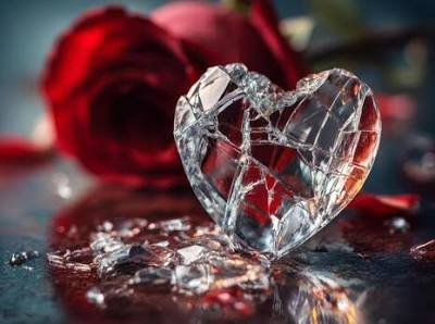 Close up of a shattered glass heart resting on a reflective surface with a red rose blurred in the background, symbolizing heartbreak and healing in a student songwriting piece connected to career discovery through emotional storytelling.