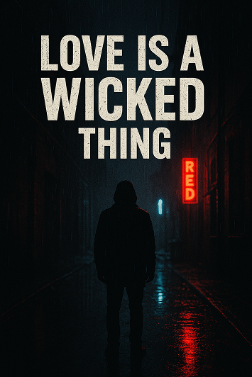 Dark moody scene of a hooded figure standing alone in a rain soaked alley at night with red neon light reflecting on the wet pavement. Large bold text at the top reads Love Is A Wicked Thing and a vertical neon sign glowing red adds to the dramatic and suspenseful atmosphere.