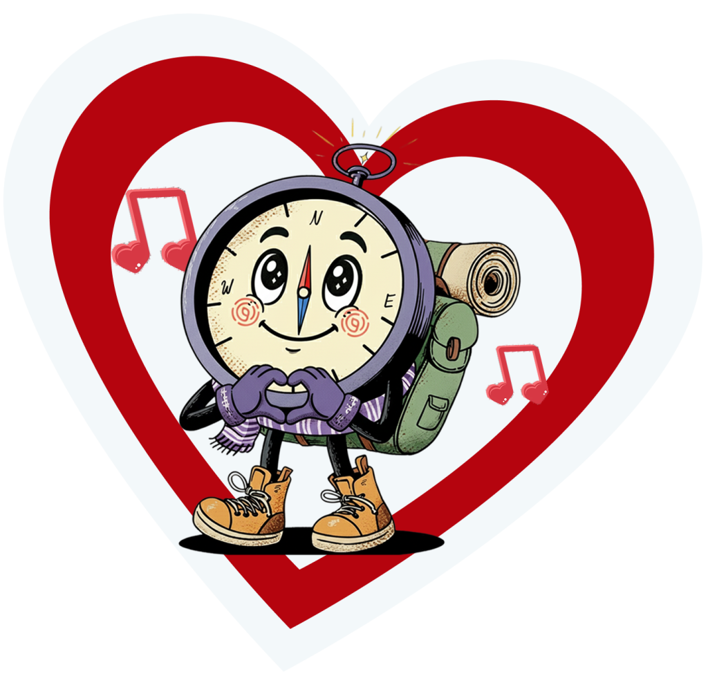 A cartoon compass character named Mascot Cal stands smiling inside a red and white heart. Cal has expressive eyes, blush marks, and wears hiking boots, gloves, a scarf, and a backpack with a rolled sleeping bag. He’s making a heart shape with his hands while pink musical notes float around him, adding a cheerful and loving vibe.