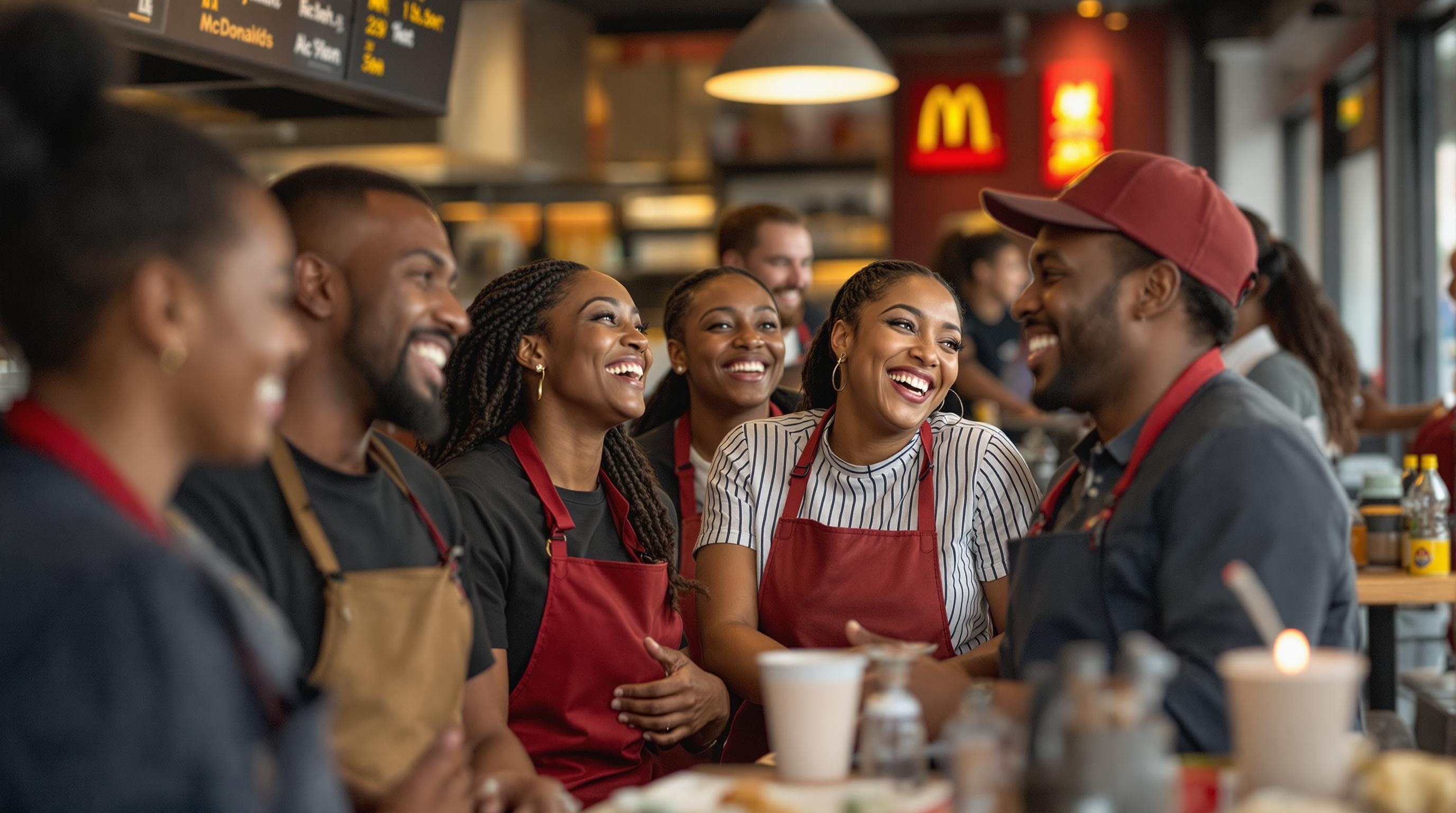 McDonald's employees laughing and chatting during a shift change, showcasing a friendly and empowering work environment.