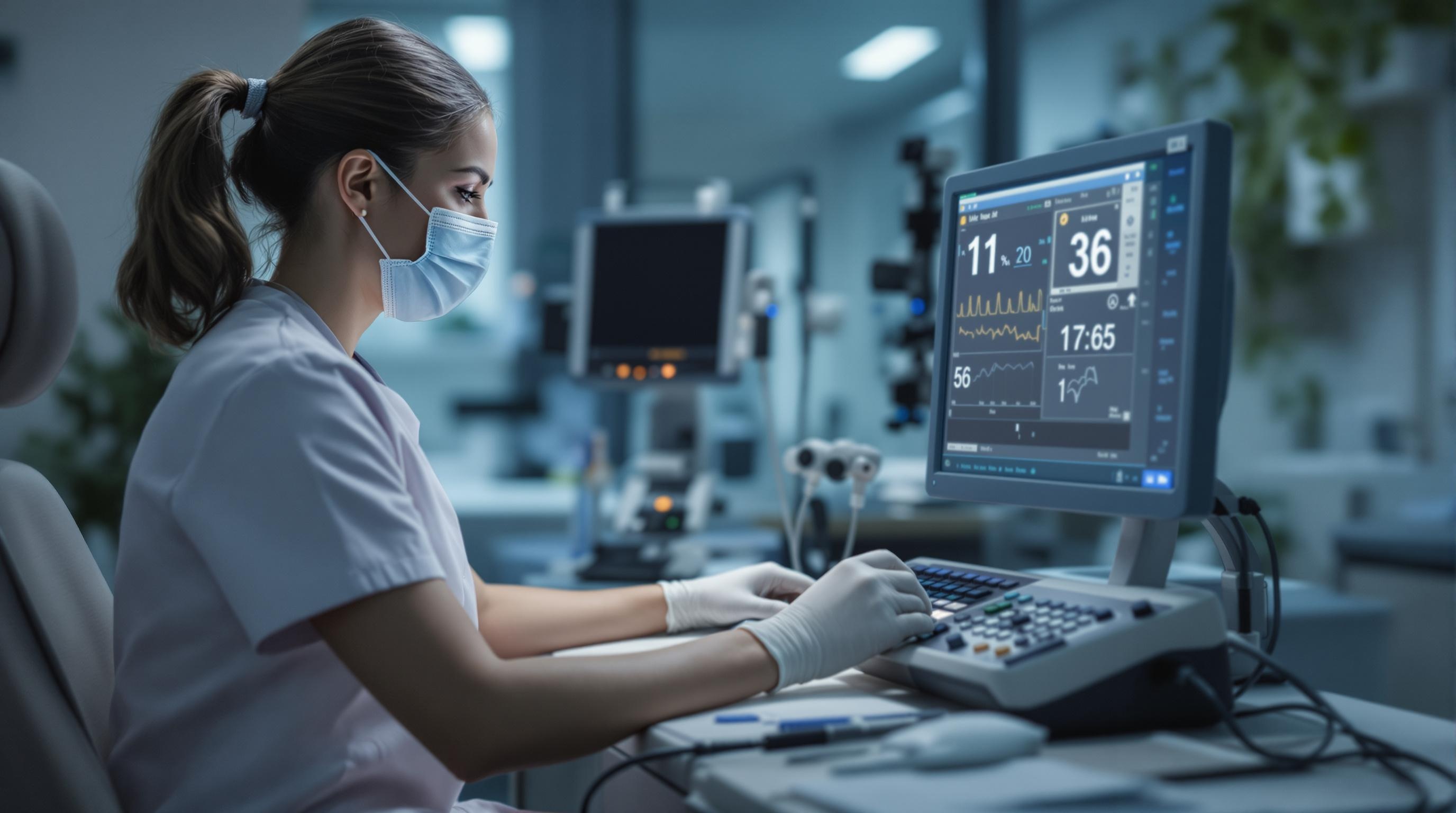 Medical assistant checking a patient's vital signs in a clinic setting.