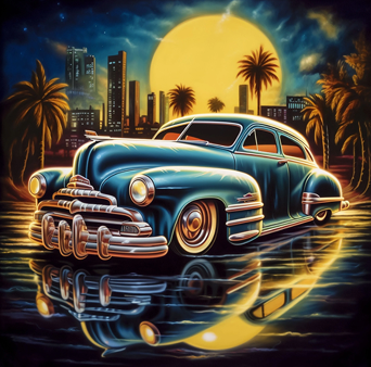 Stylized illustration of a vintage blue classic car parked on a reflective surface under a large glowing full moon. Palm trees and a modern city skyline rise in the background, with neon lighting casting warm gold and teal highlights across the scene. The retro car and dramatic night setting create a nostalgic yet cinematic atmosphere.