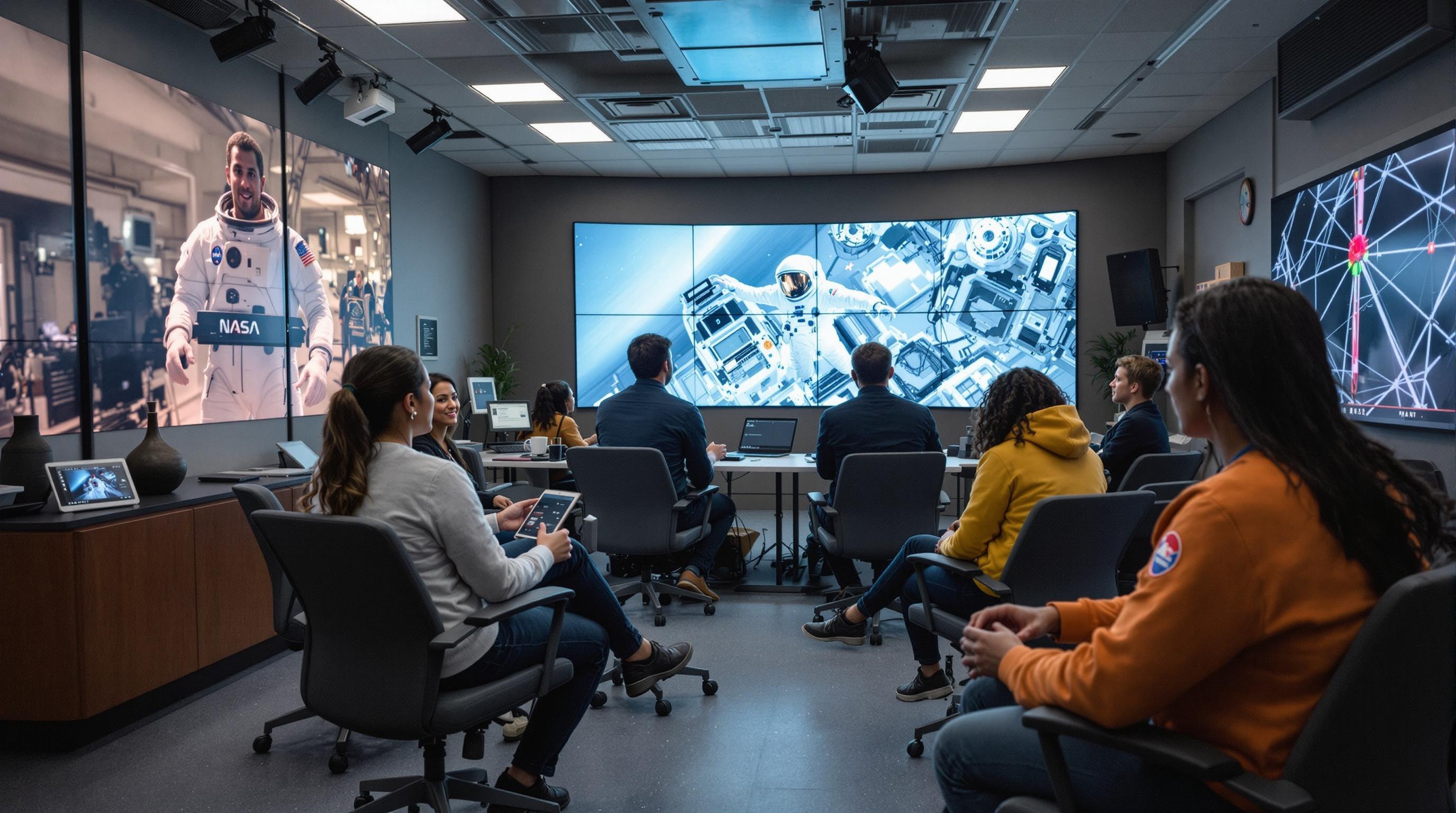 Diverse group of individuals training in a realistic NASA astronaut simulation room