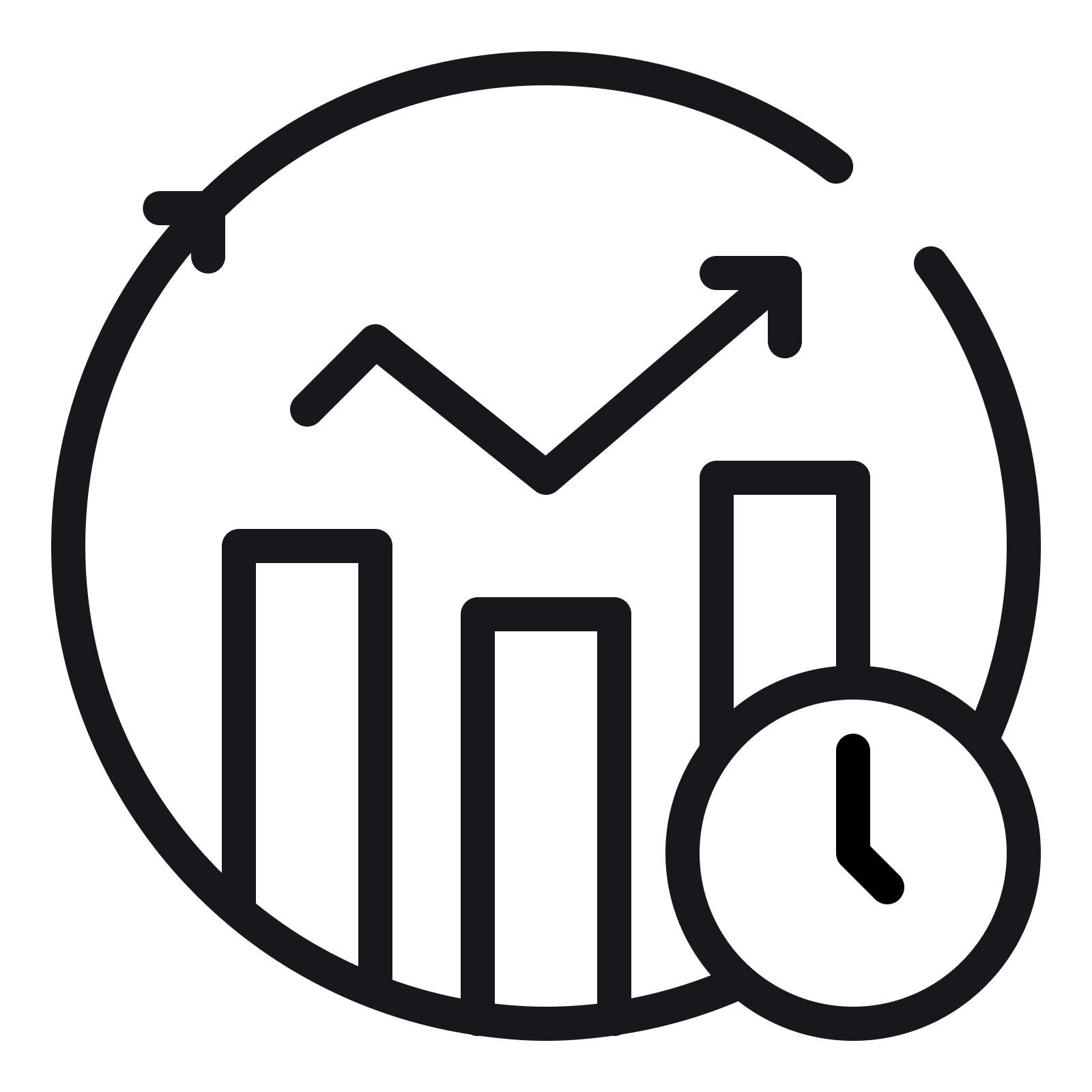 Black Icon of rising graphic with a clock icon