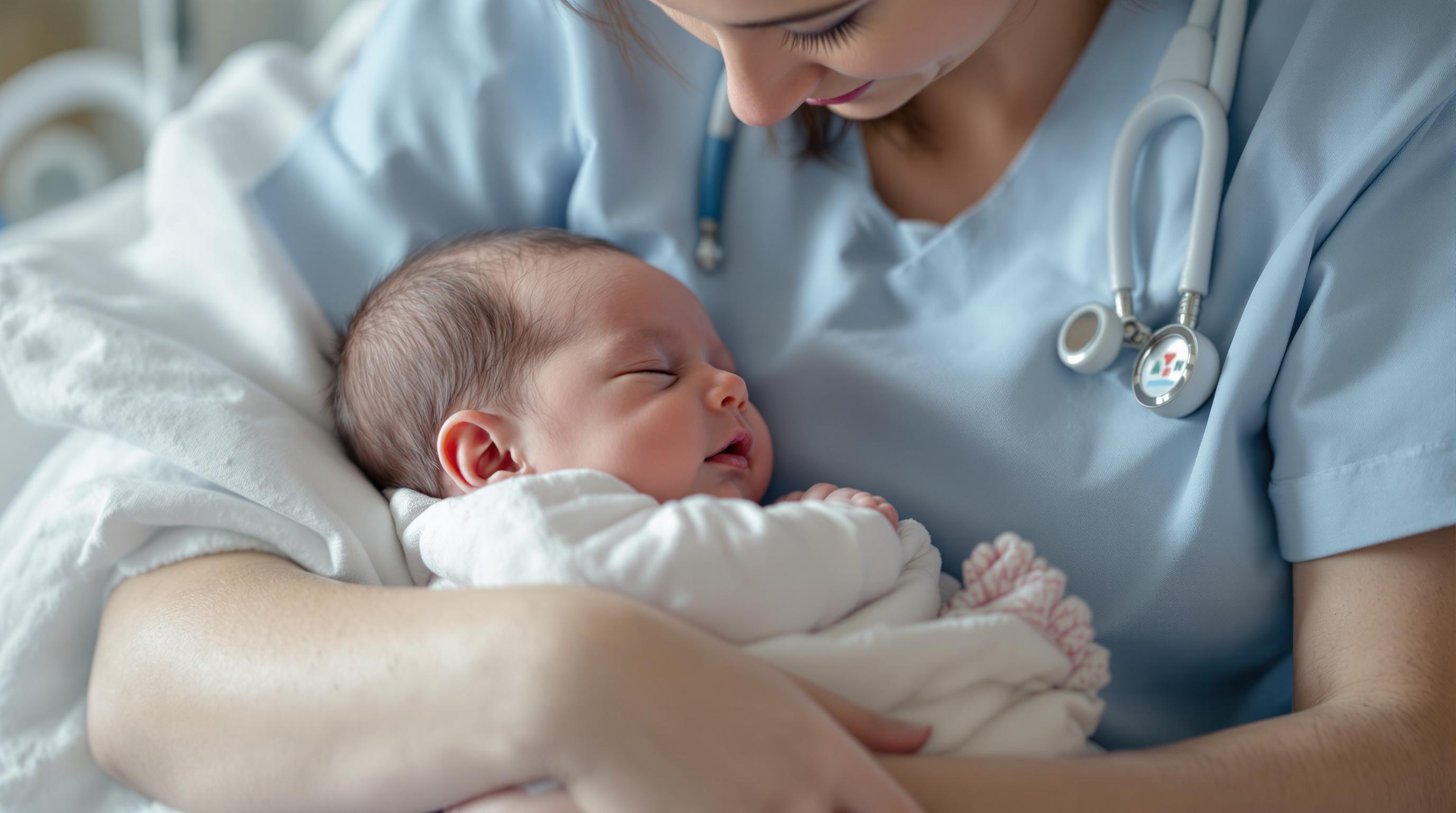 An ultra realistic photo of a nurse gently holding and comforting a newborn baby in a hospital setting.