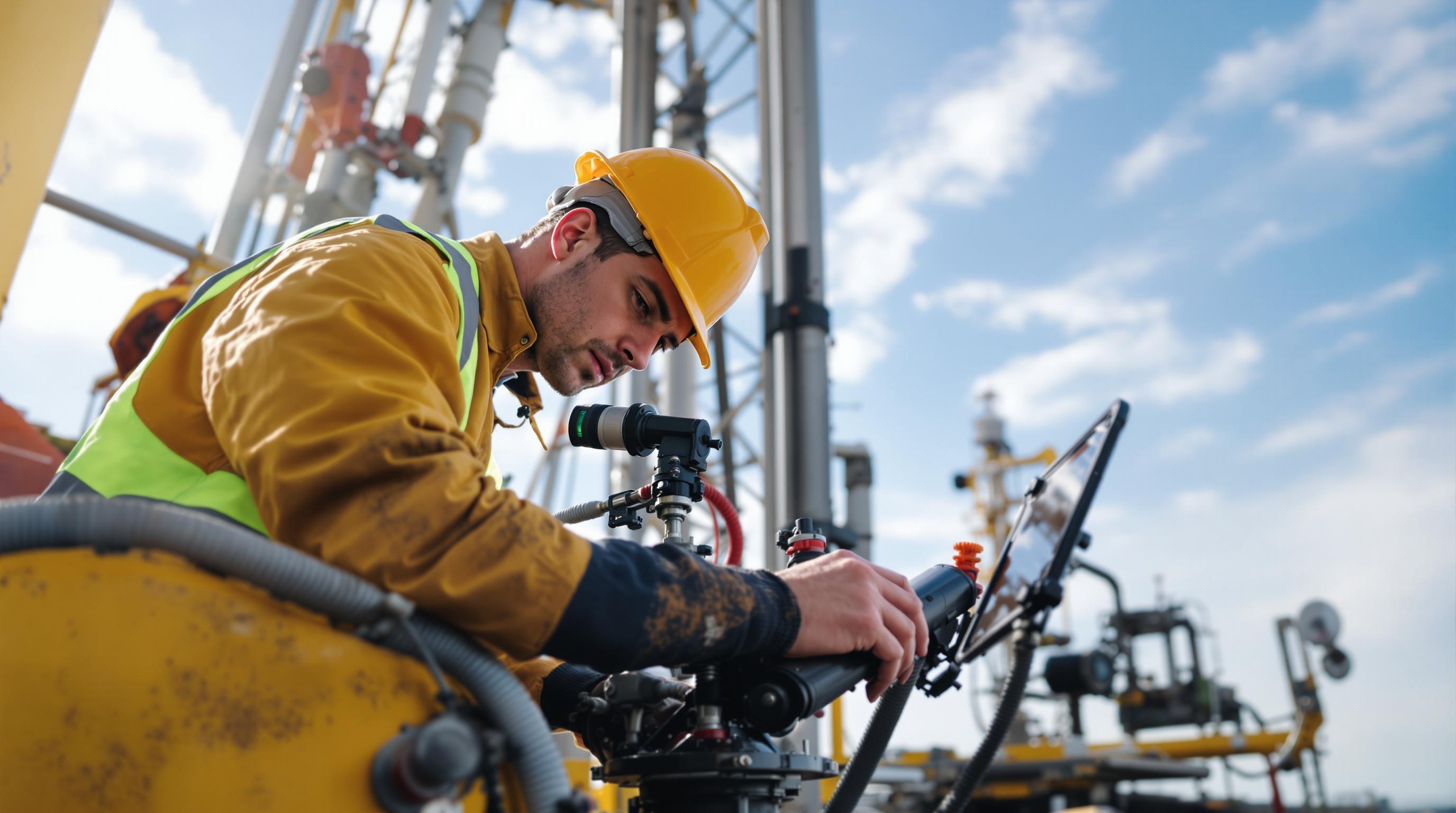An oil rig worker in a hard hat inspecting machinery on an oil rig.