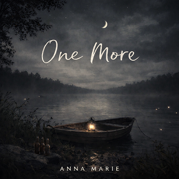 Misty nighttime lake scene with a small boat floating near shore, a glowing lantern inside, and a crescent moon reflected on the water under the title "One More" with "ANNA MARIE" below. The calm, reflective setting captures a student songwriter’s creative process and sense of career discovery through music.