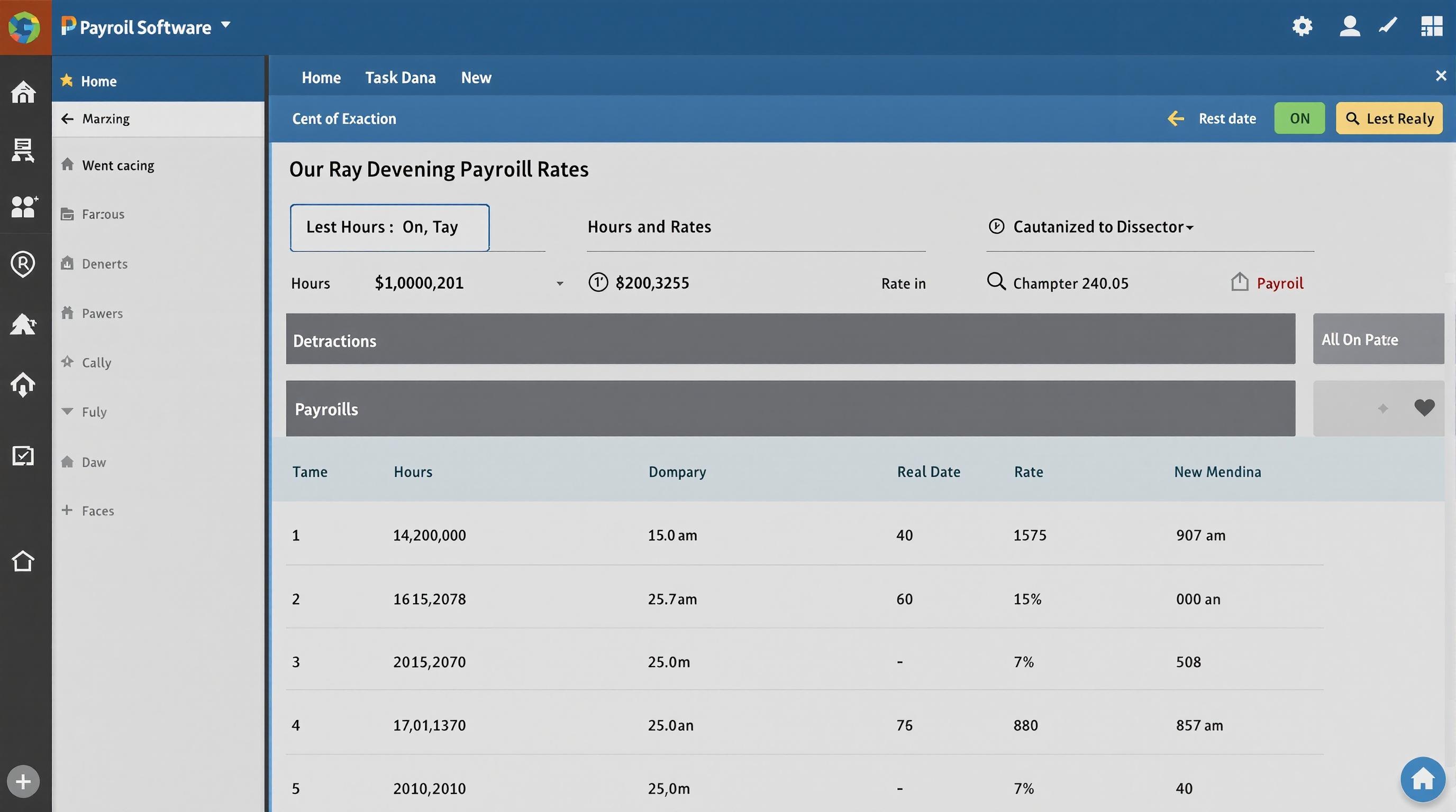 A screenshot of payroll software displaying hours and rates for employees.