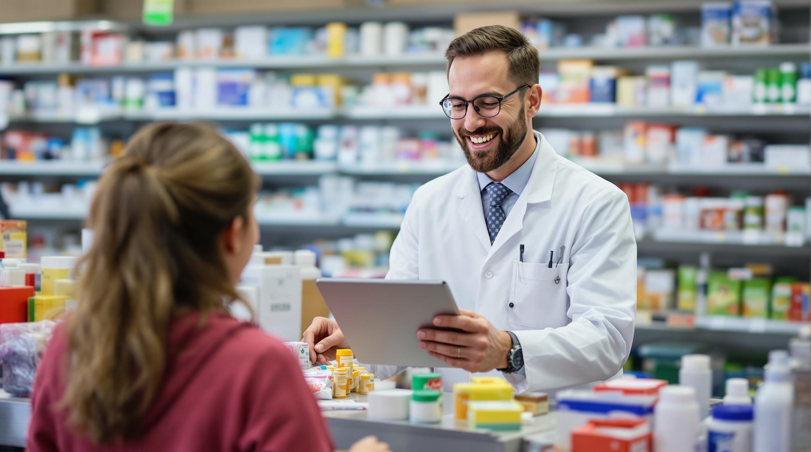 An authentic and candid photo of a pharmacist helping a customer with a friendly and knowledgeable demeanor.